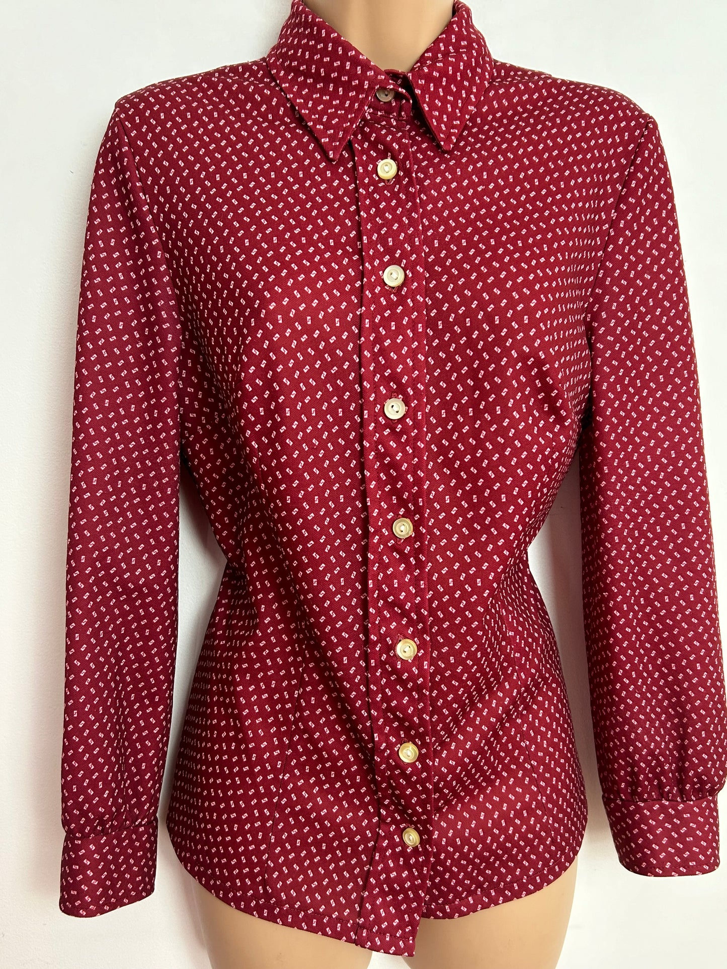 Vintage 1970s UK Size 12 Dark Red Geometric Print Long Sleeve Shirt