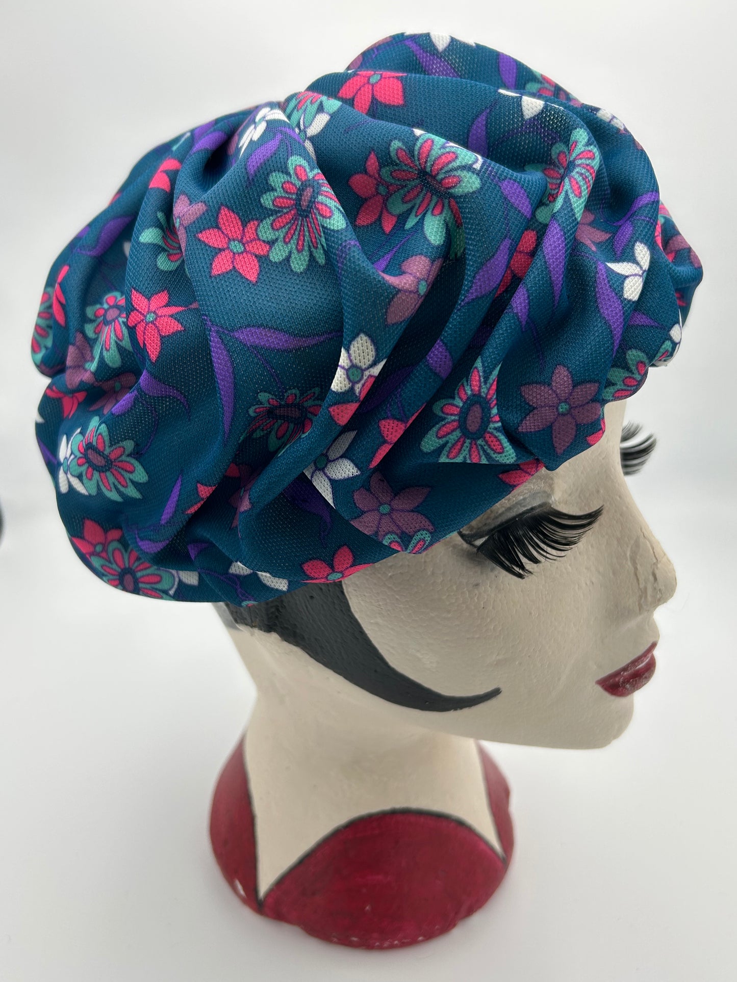 Vintage 1960s Petrol Blue Pink & Purple Floral Print Pleated Turban Style Pill Box Hat