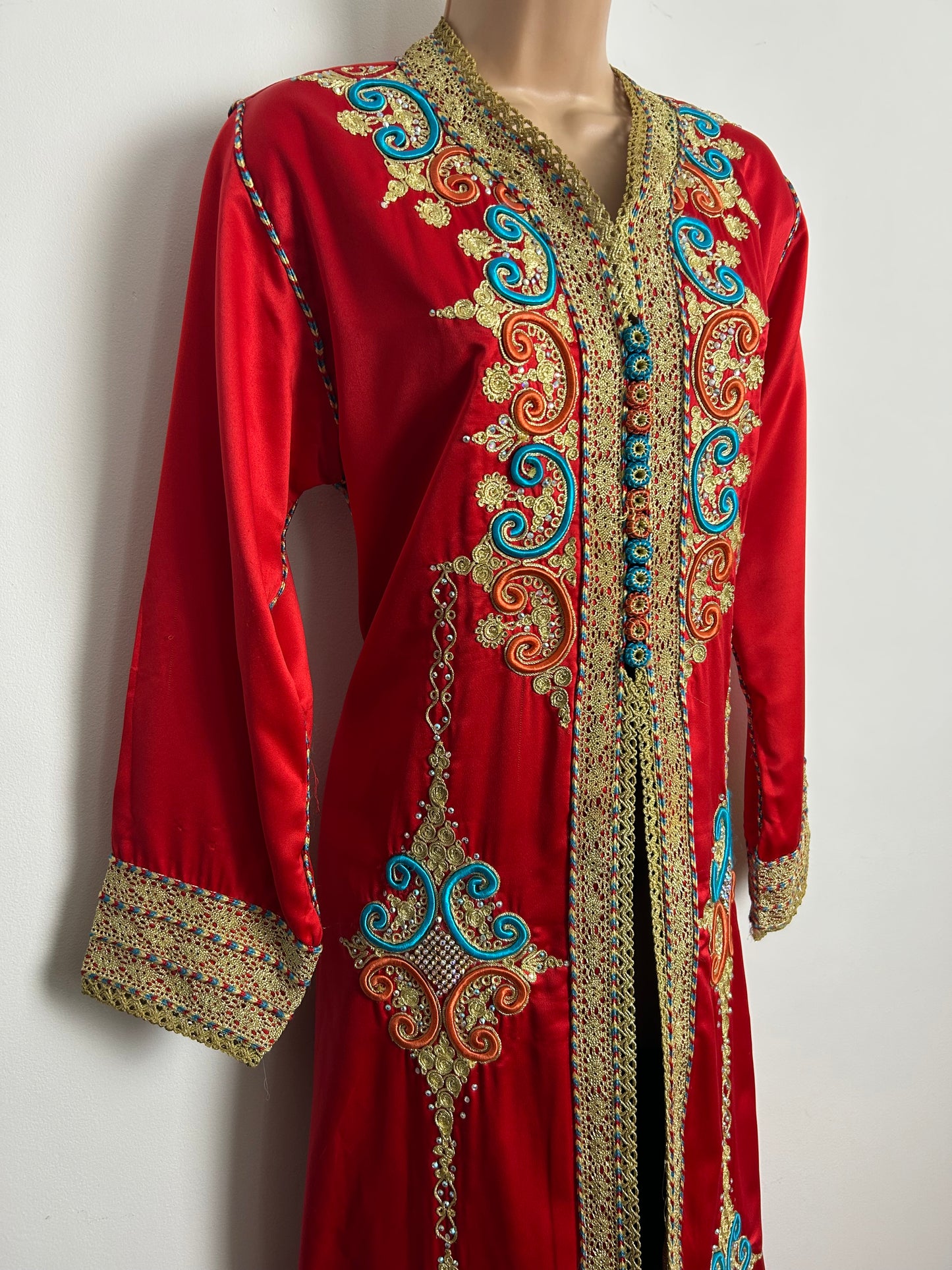 Vintage Up To Size 12 Beautiful Red & Gold Satin Highly Detailed & Embellished Kaftan