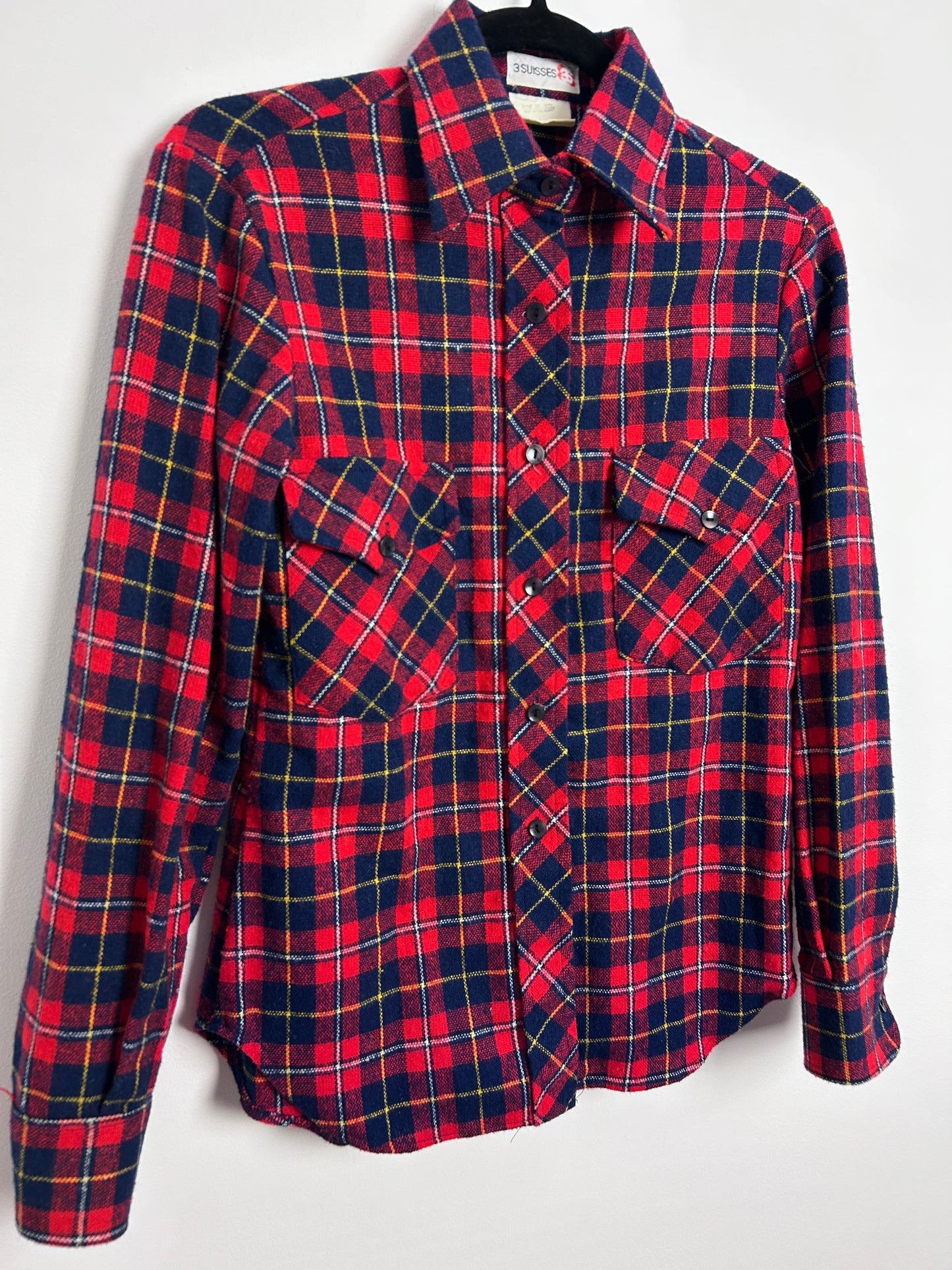 Vintage 1980s 3 SUISSES UK Size 8 Red & Blue Tartan Check Pocket Detail Long Sleeve Shirt