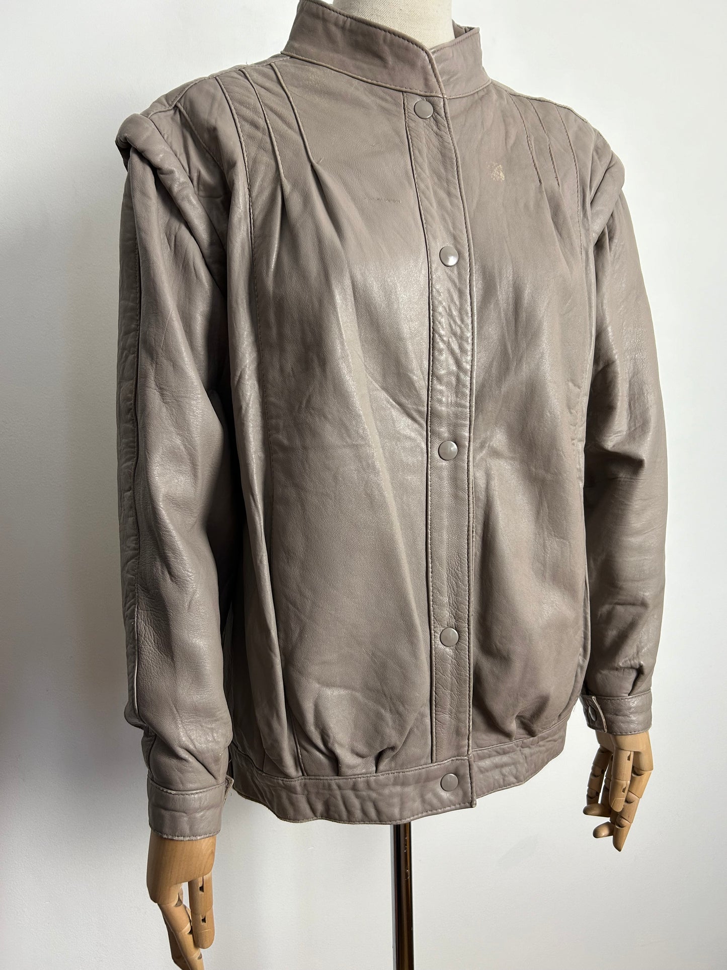 Vintage 1980s Approx UK Size 10 Taupe Popper Fastening Leather Jacket/Coat