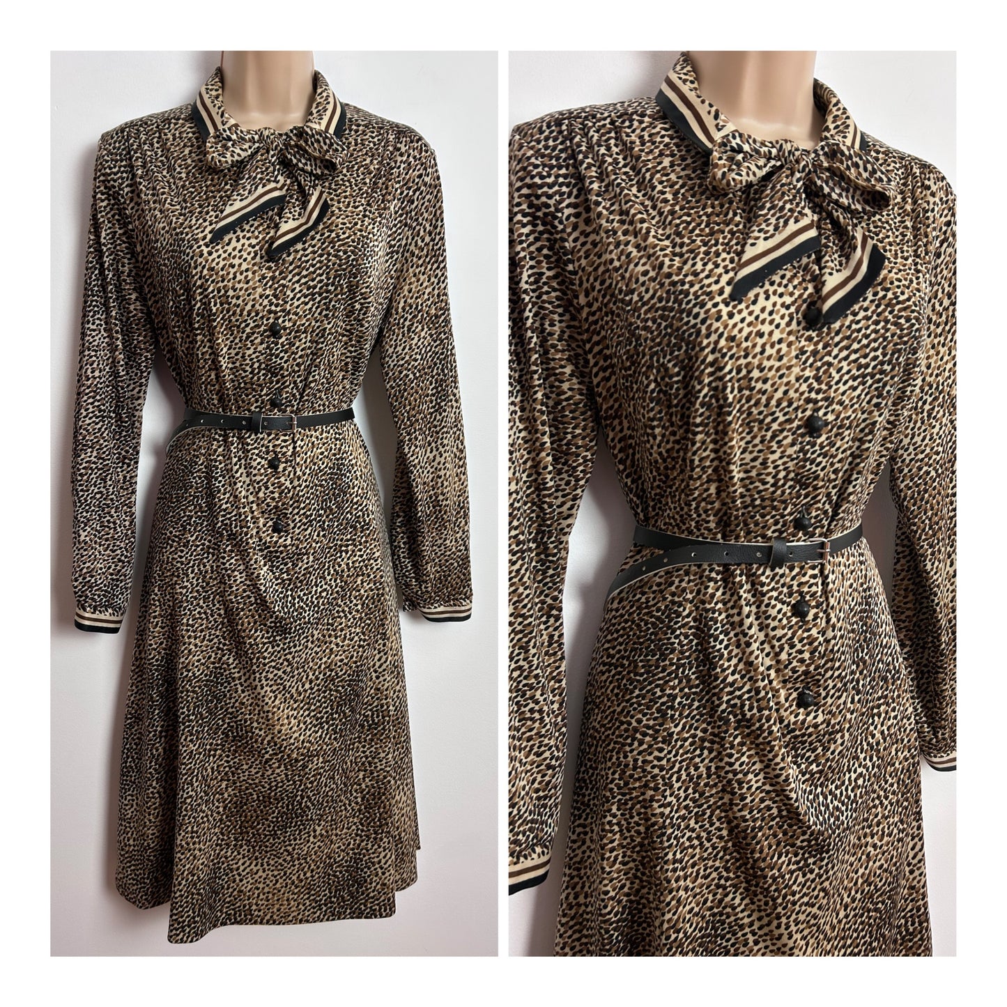Vintage 1970s UK Size 14 Brown Tones Fleck Print Pussy Bow Long Sleeve Belted Day Dress