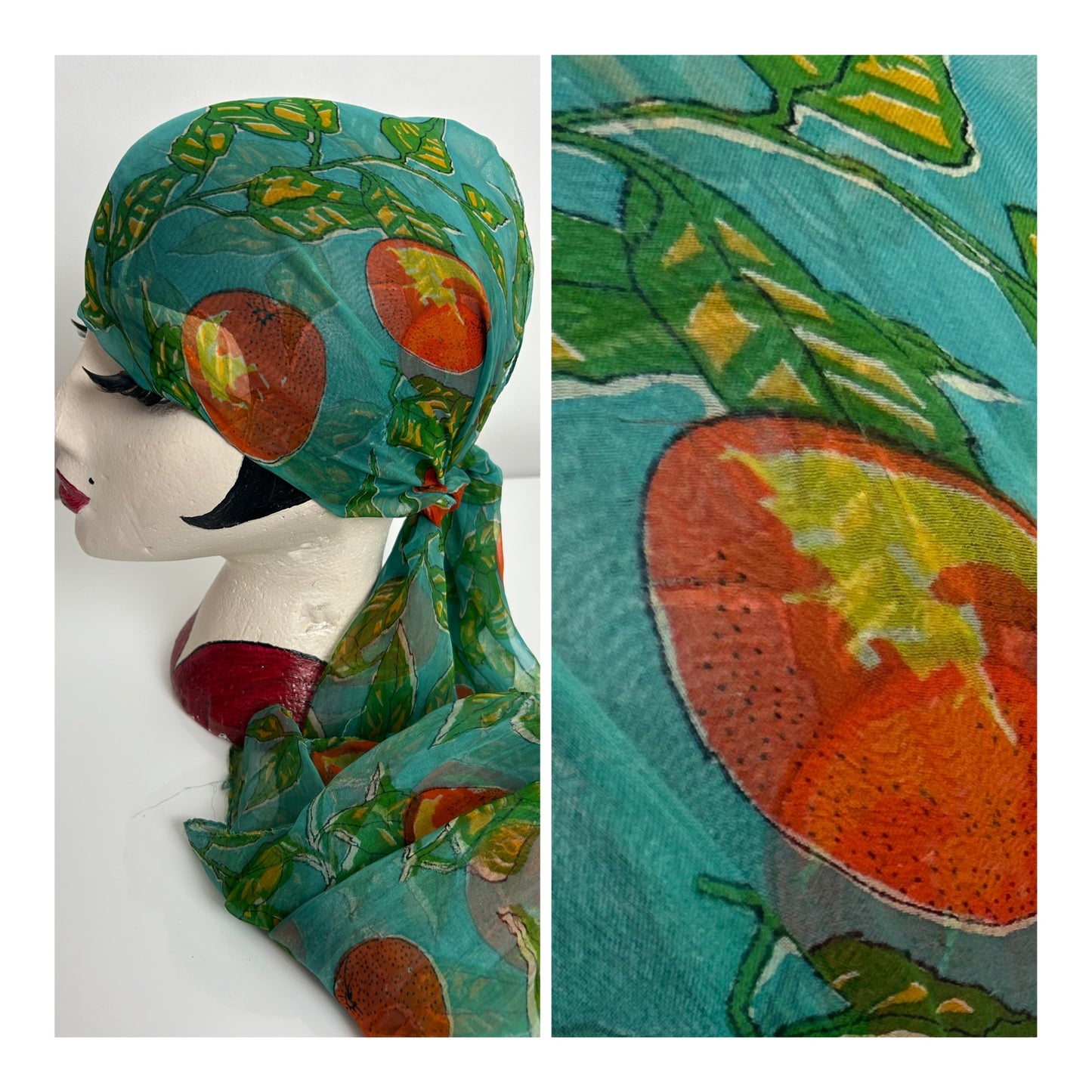 Vintage Turquoise Orange & Green Orange Fruit & Leaf Print Long Chiffon Scarf 103cm x 52cm