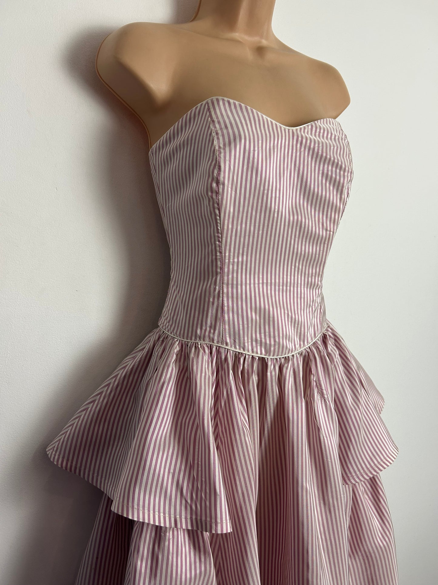 Vintage 80s LAURA ASHLEY UK Size 8 (Size 12 On Label) Strapless Pale Pink & White Stripe Tiered Full Length Ballgown