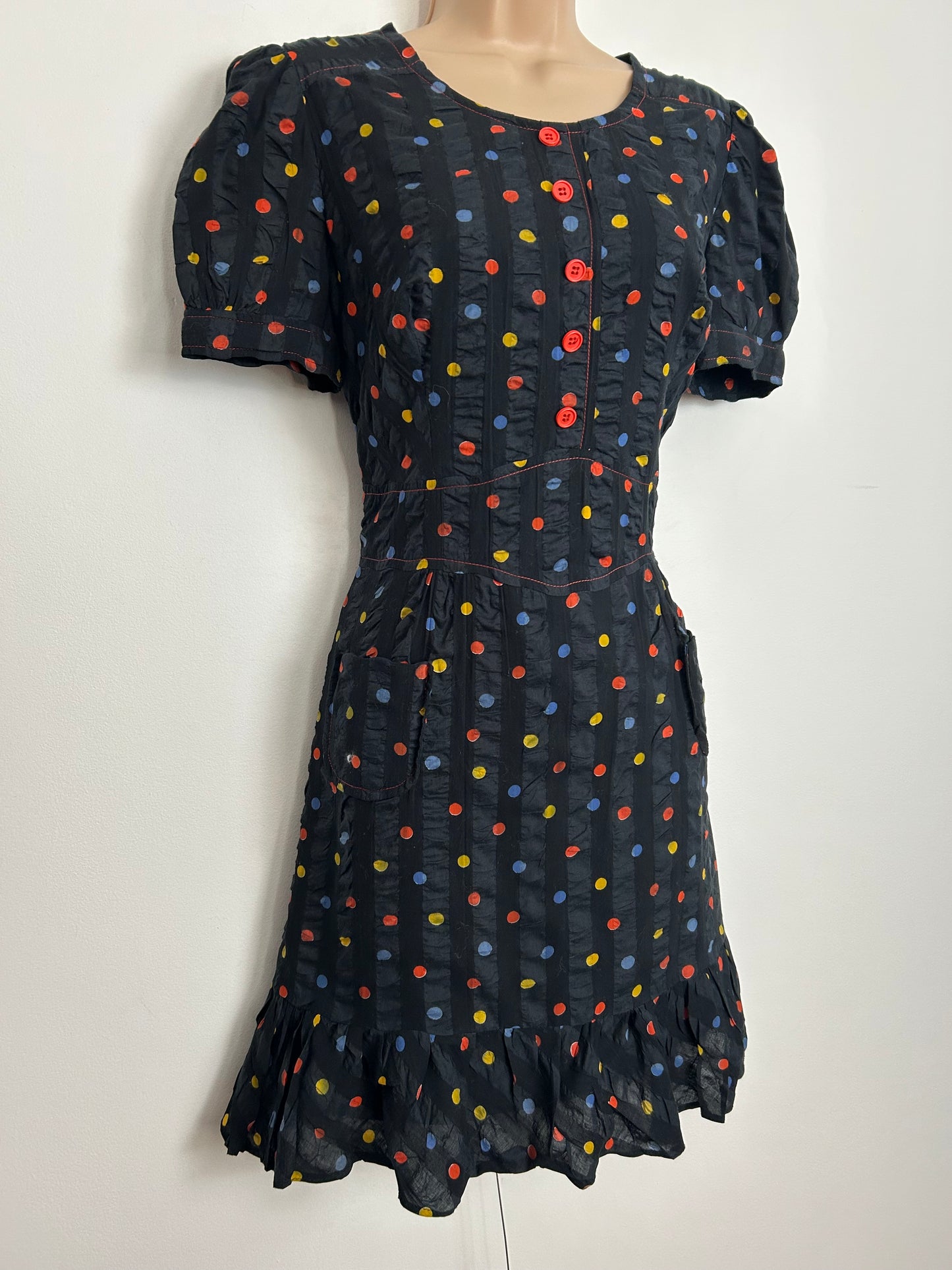 Vintage 1960s Size 10 Black Orange Yellow & Blue Polka Dot Seersucker Cotton Mini Mod Dress