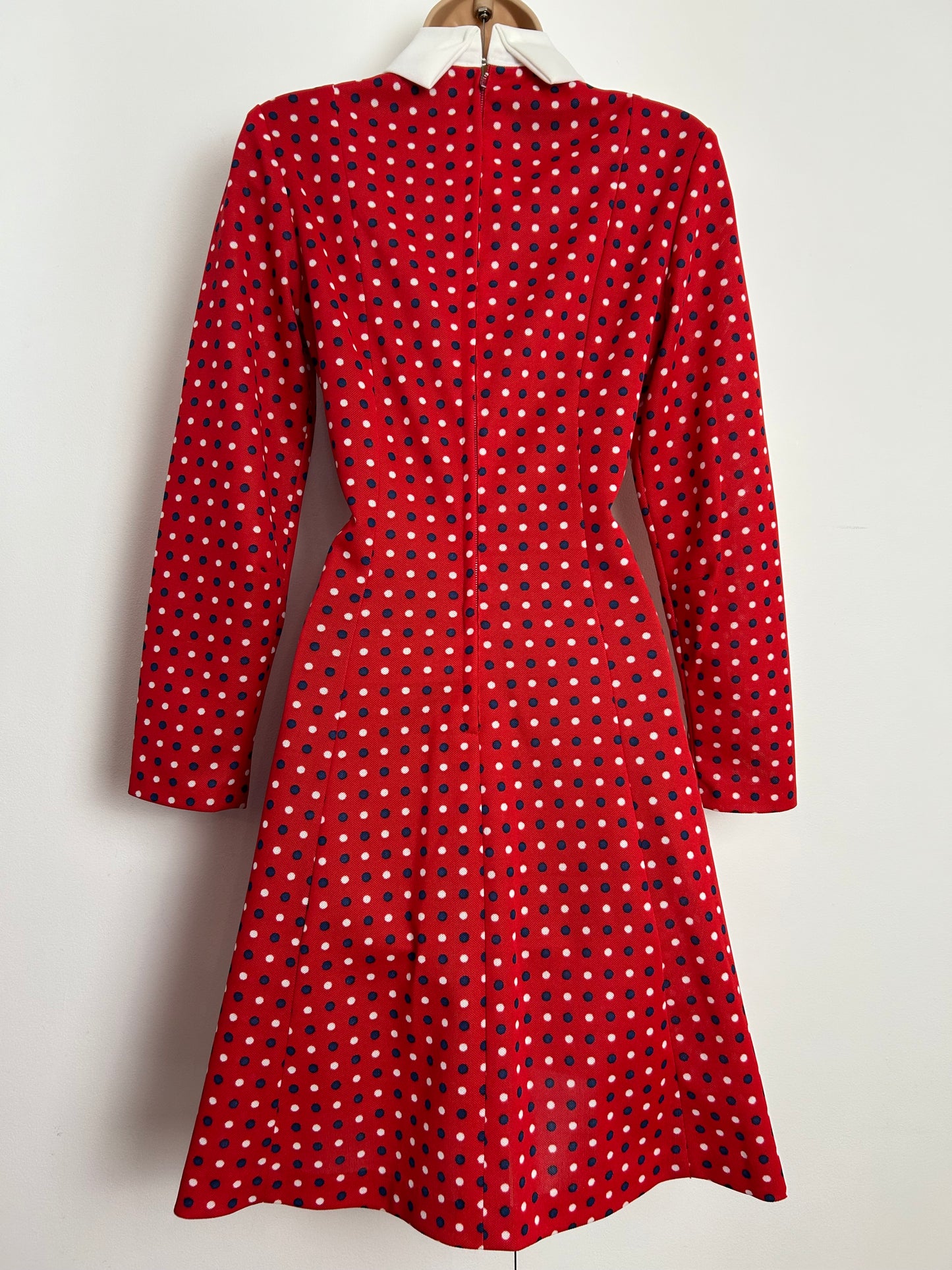 Vintage 1960s Size 8 Cute Red Navy Blue & White Polka Dot Long Sleeve Mod Dress