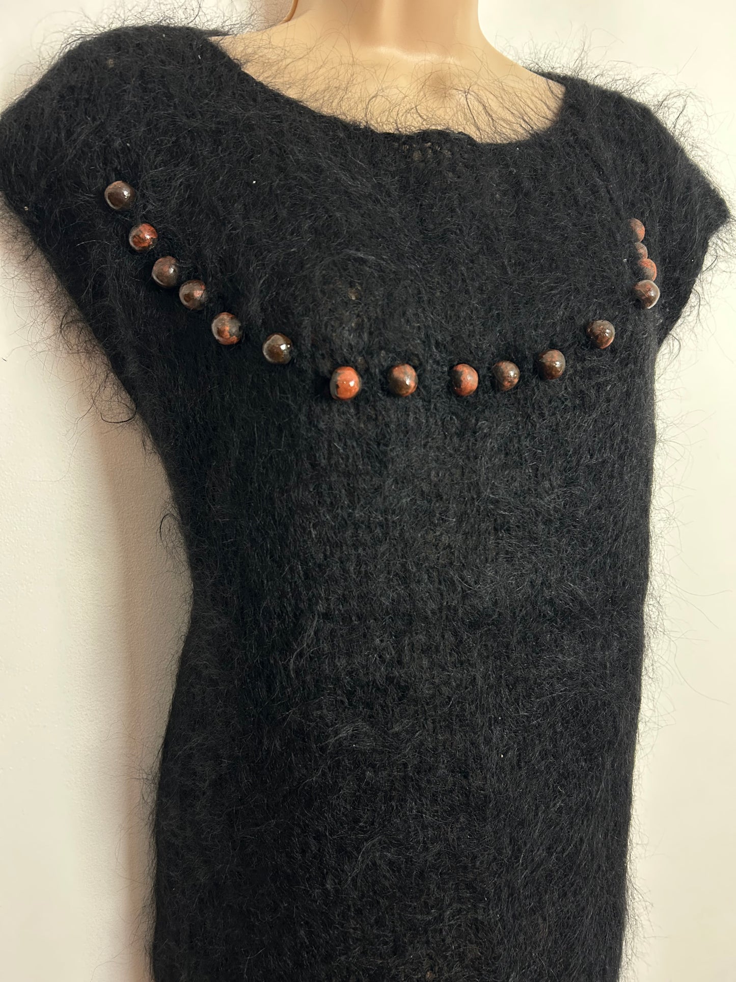 Vintage 1980s Up To Size 16 Black Mohair Jumper With Wooden Bead Detailing