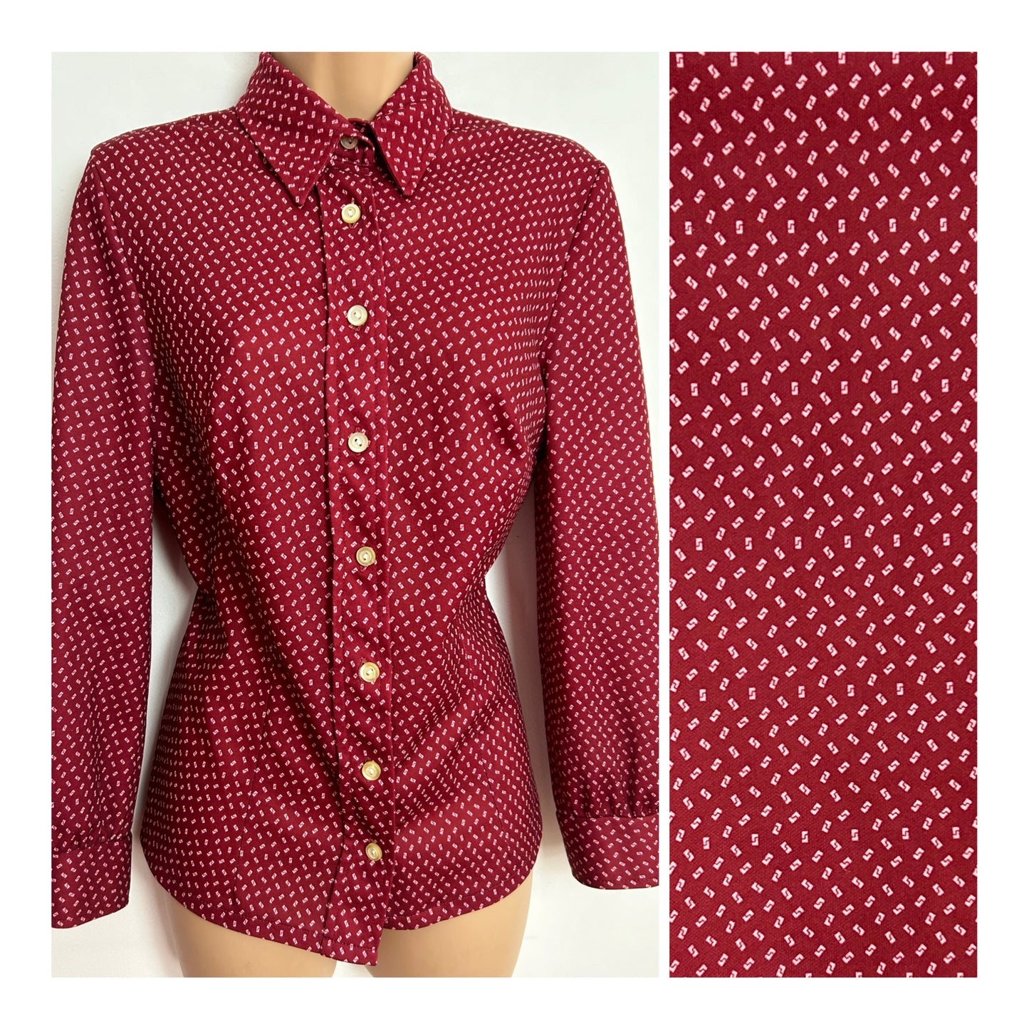 Vintage 1970s UK Size 12 Dark Red Geometric Print Long Sleeve Shirt