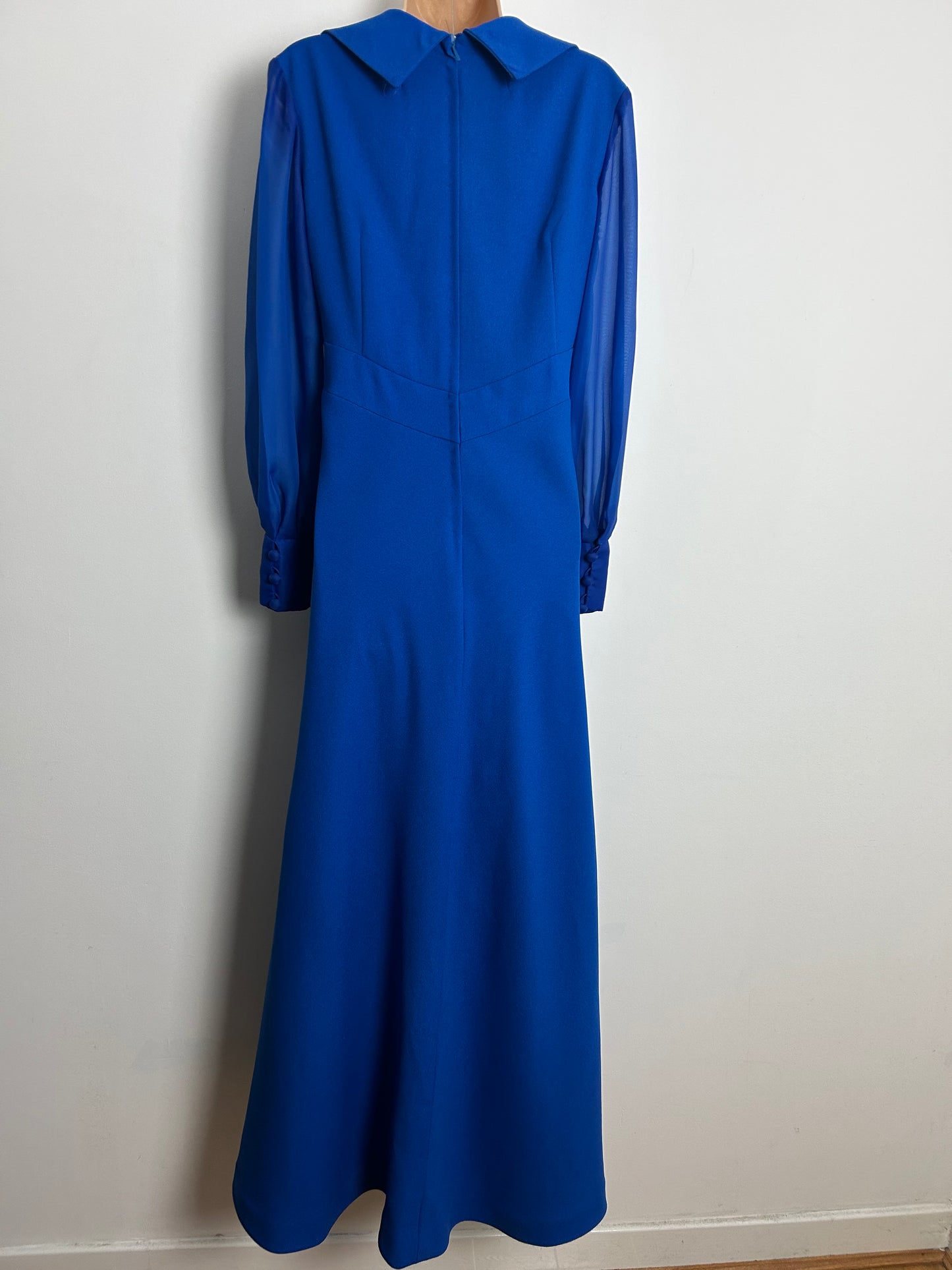 Vintage 1970s UK Size 14 Royal Blue Dagger Collar Long Chiffon Sleeve Occasion Evening Maxi Dress