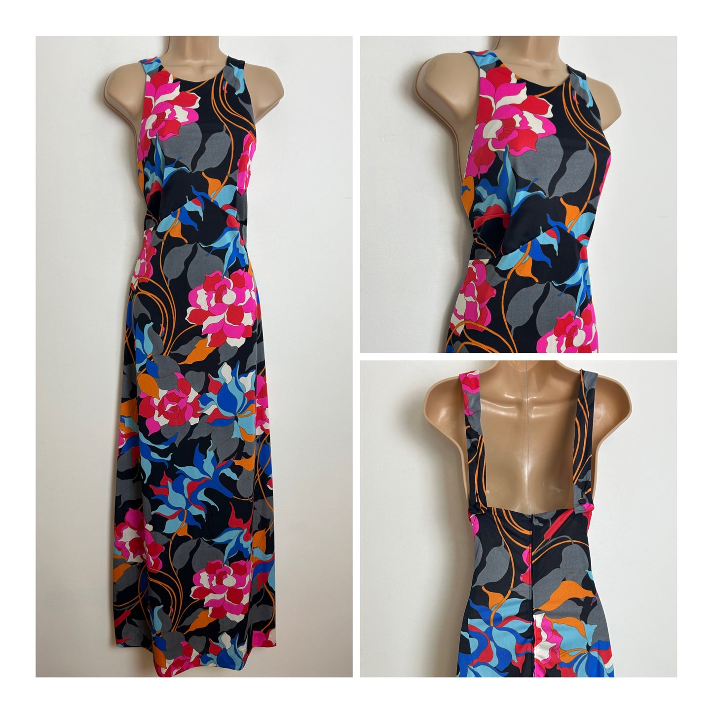 Vintage 1970s JOBI Size 10 Black Pink Blue & Orange Floral Print Maxi Dress