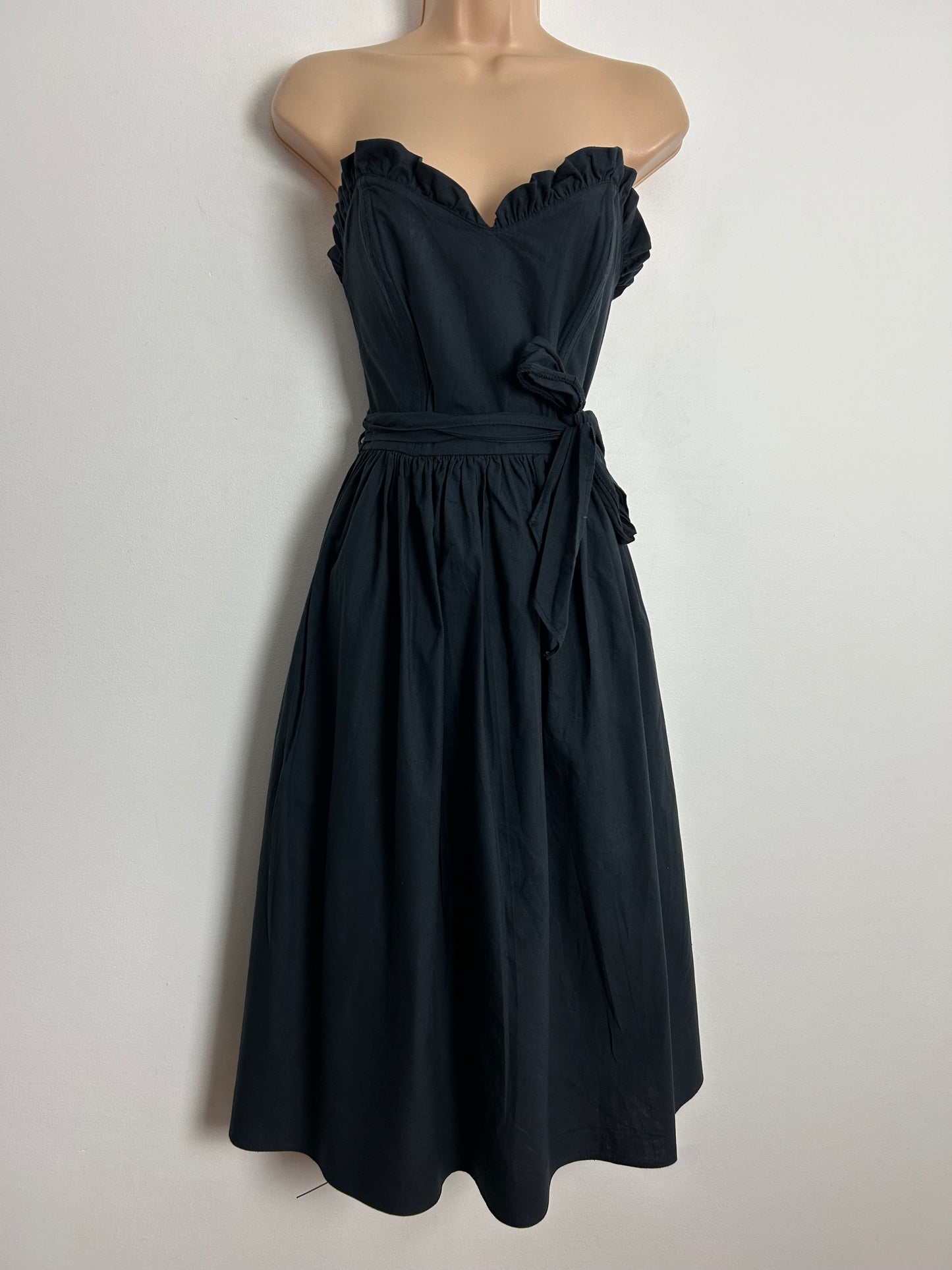 Vintage 1980s DOROTHY PERKINS UK Size 8 Black 100% Cotton Strapless Belted Party Prom Dress