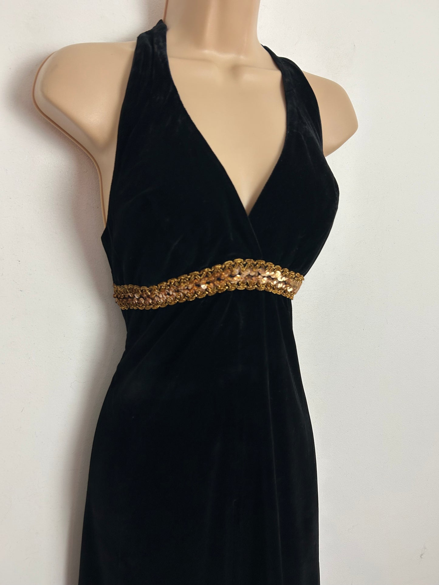 Vintage 1970s UK Size 8 Black Velvet & Gold Braid & Sequin Embellished Halterneck Occasion Evening Maxi Dress