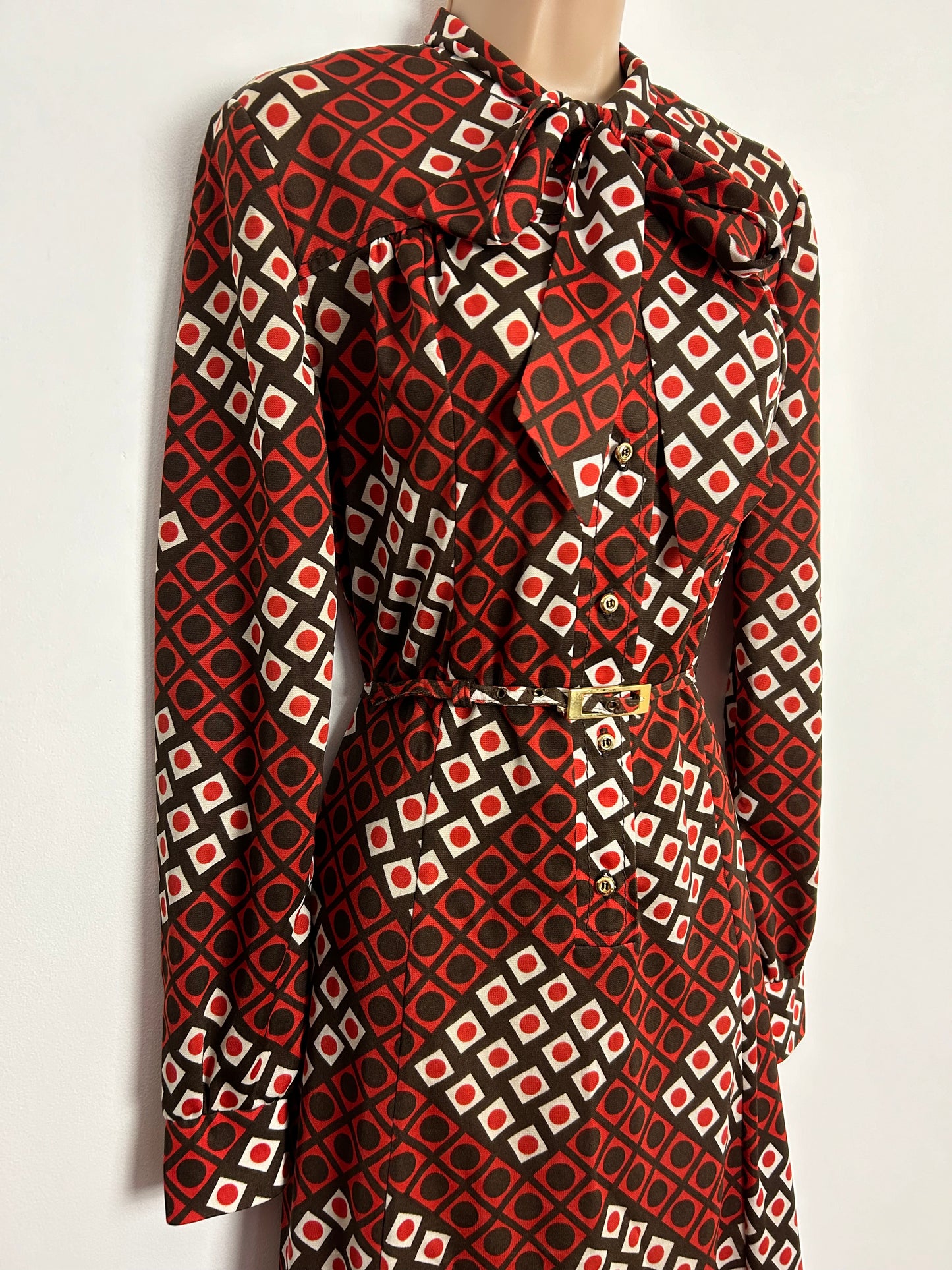 Vintage 1970s LEROSE UK Size 12-14 Dark Red White & Orange Square & Circle Print Long Sleeve Belted Pussy Bow Maxi Dress