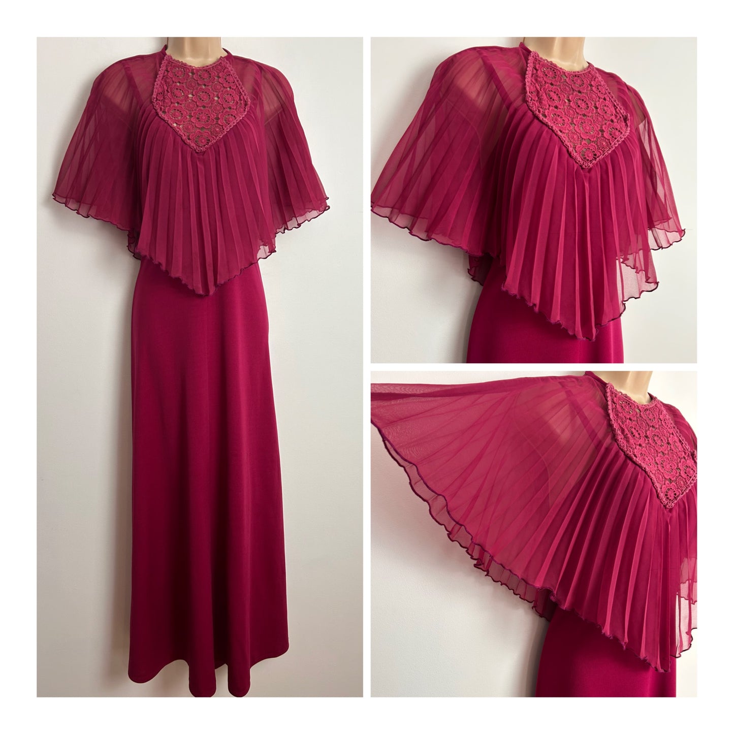 Vintage 1970s Size 12 Pretty Raspberry Pleated & Lace Cape Sleeve Boho Maxi Dress