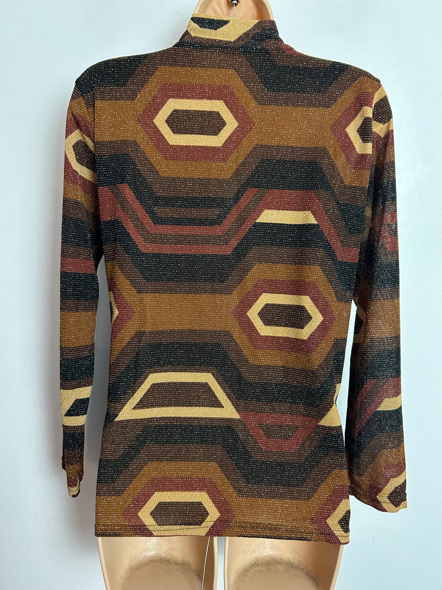 Vintage 1970s UK Size 12-14 Brown & Bronze Tones Geo Print Lurex Tie Neck Long Sleeve Blouse