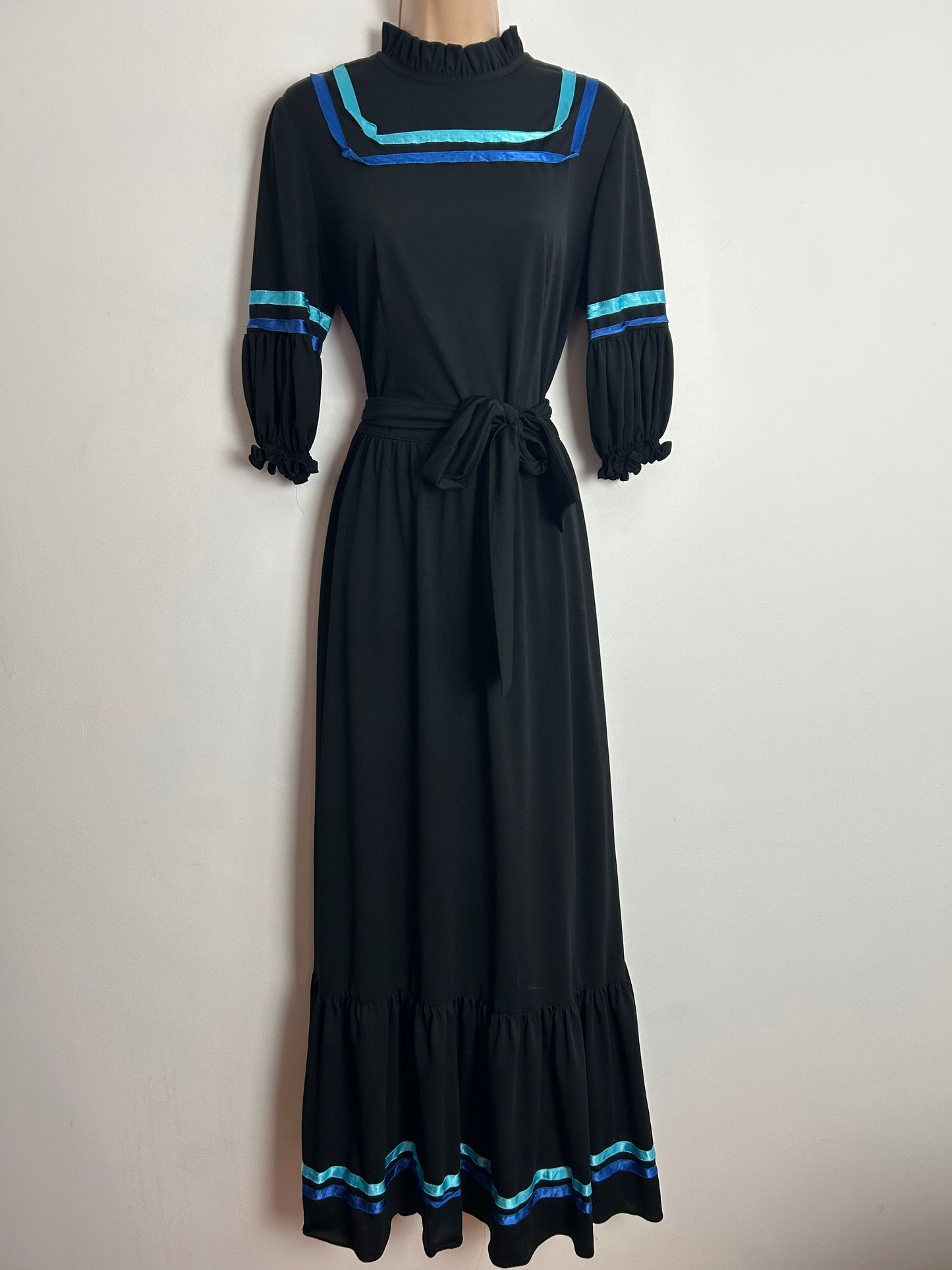 Vintage 1970s UK Size 14 Black Ribbon Trim Short Sleeve Belted Boho Prairie Maxi Dress