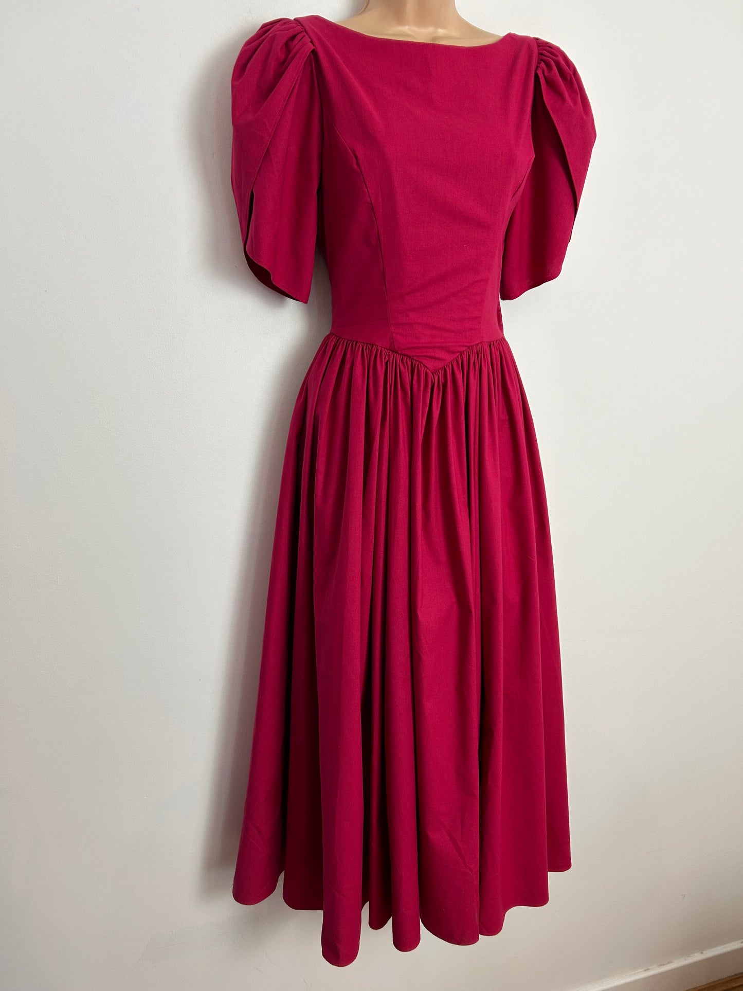 Vintage 1980s LAURA ASHLEY UK Size 8 Dark Pink Cotton Bow Back Midi Ballgown Dress