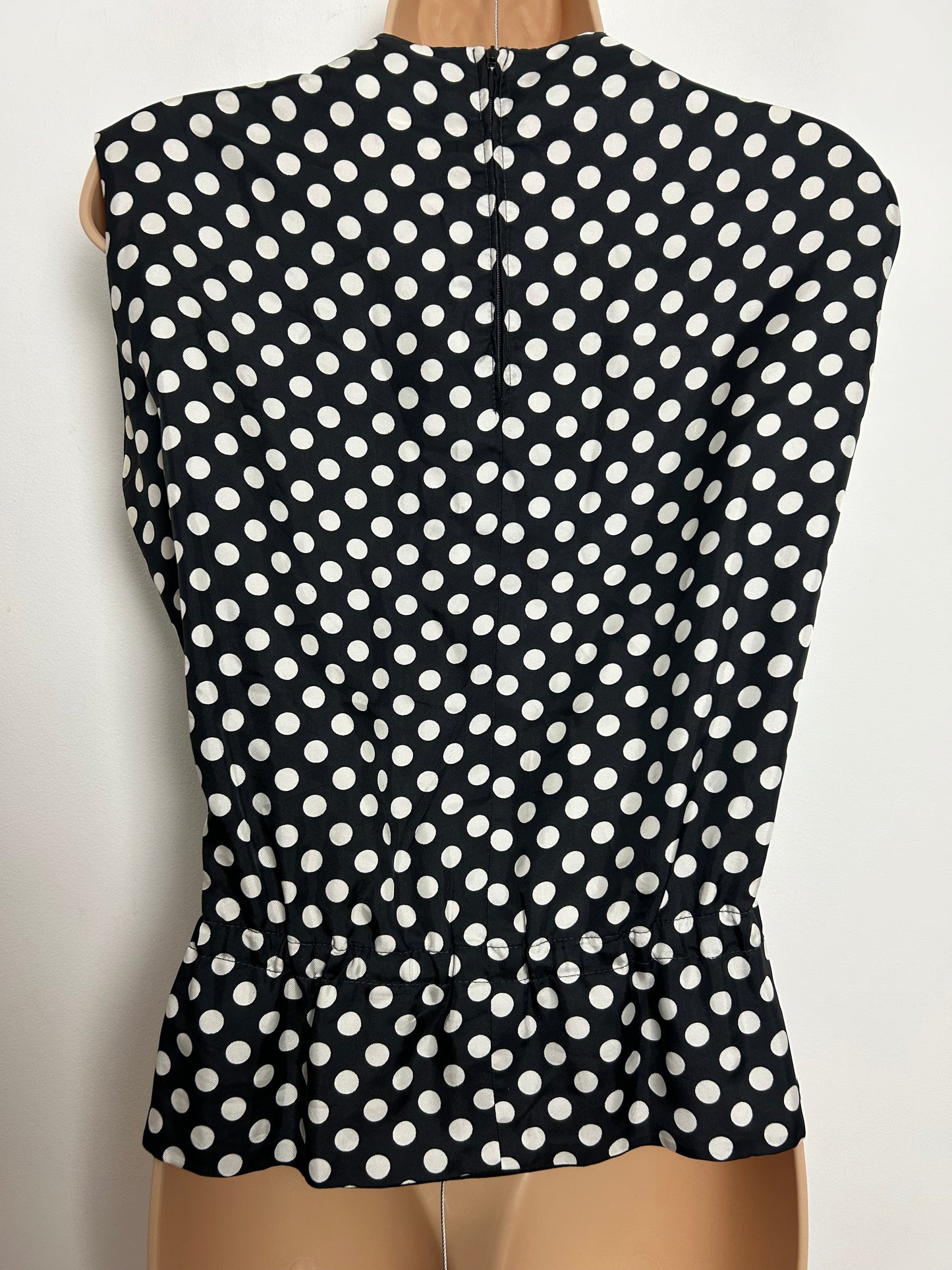 Vintage Late 1960s Size 12-14 Black & White Polka Dot Print Sleeveless Tie Detail Top