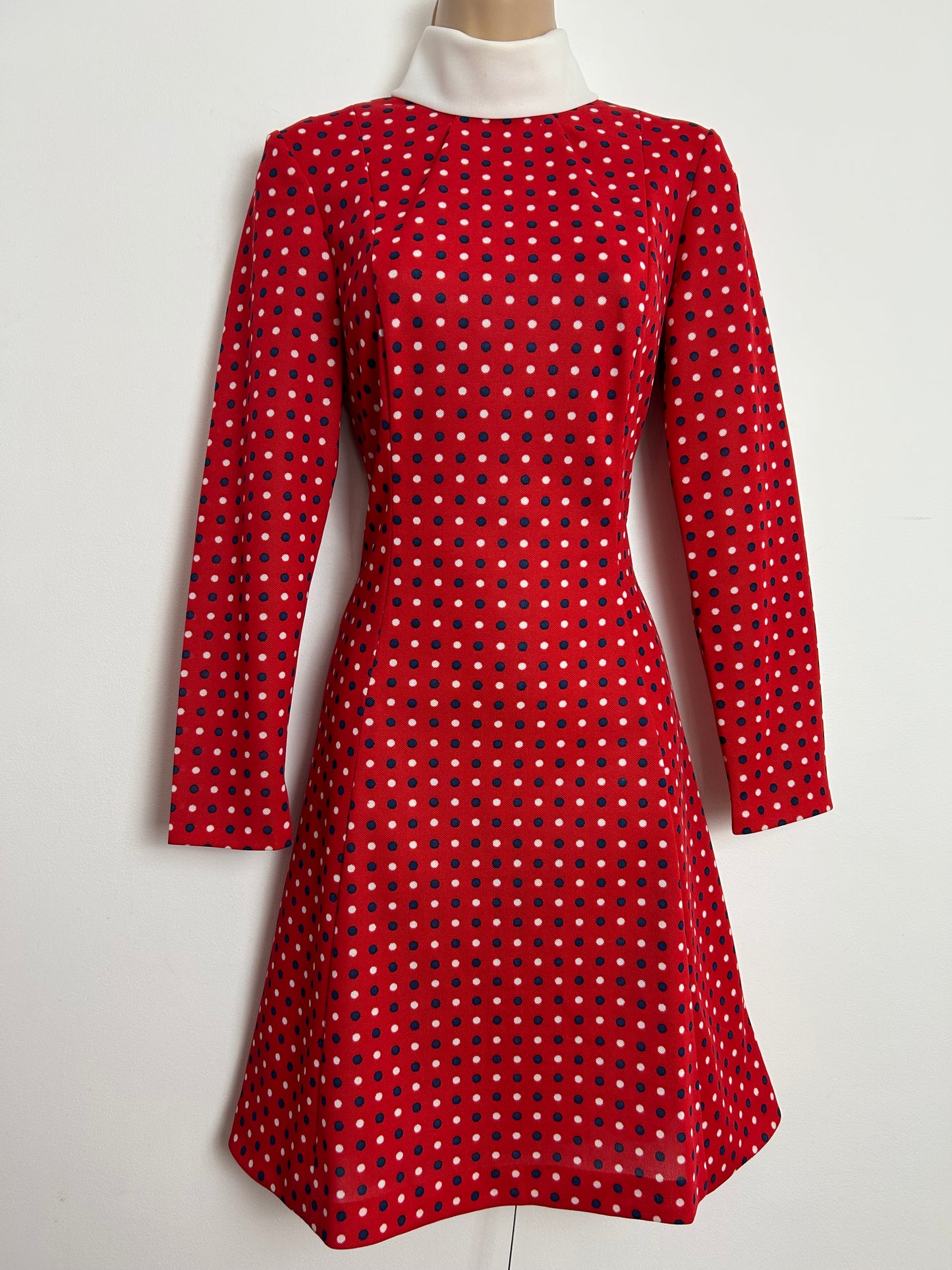 Vintage 1960s Size 8 Cute Red Navy Blue & White Polka Dot Long Sleeve Mod Dress