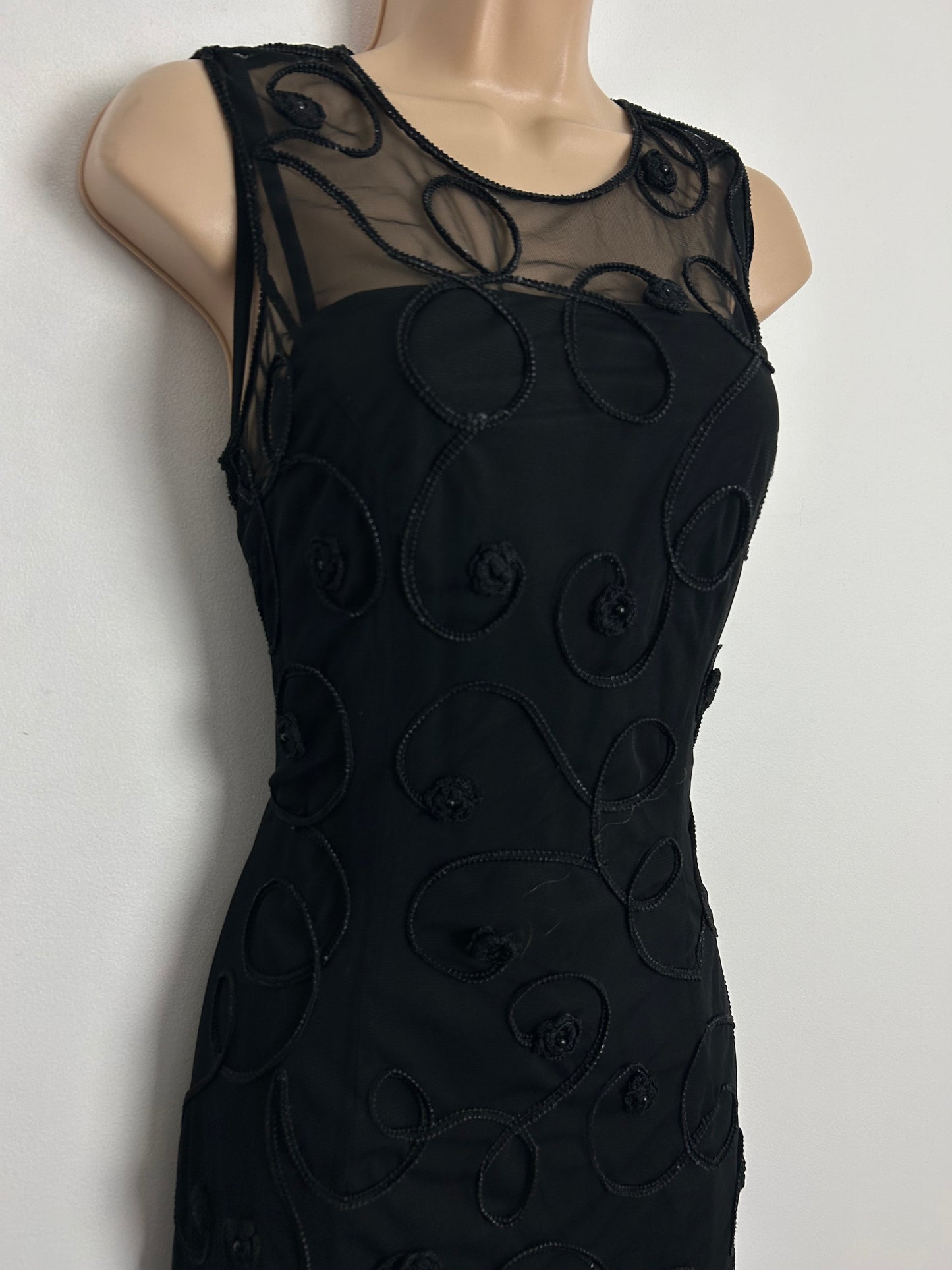 Vintage 1980s NIENTIE UK Size 8-10 Black Illusion Neck Fine Mesh Braid Trim Sleeveless Occasion Evening Maxi Dress