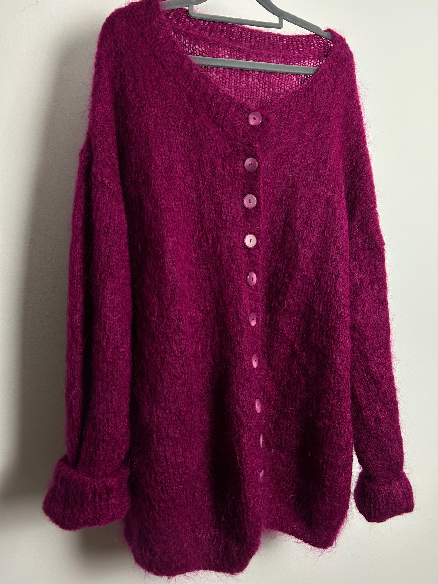 Vintage 1980s One Size Up To 16 Slouchy Overized Magenta Mohair Mix Long Line Cardigan