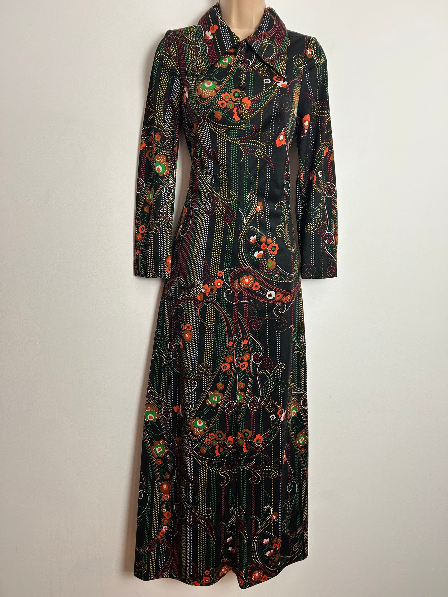 Vintage 1970's UK Size 6-8 Black Orange Brown Green & Yellow Floral & Spot Print Long Sleeve Maxi Dress