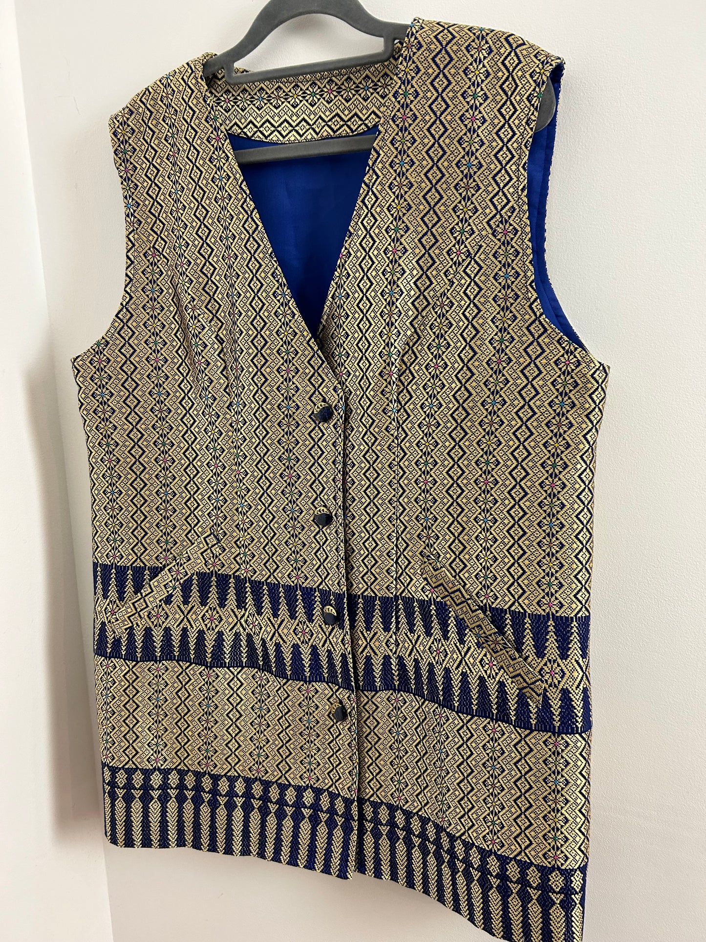 Vintage UK Size 14-16 Gold & Blue Woven Silk Abstract Pattern Tunic Waistcoat