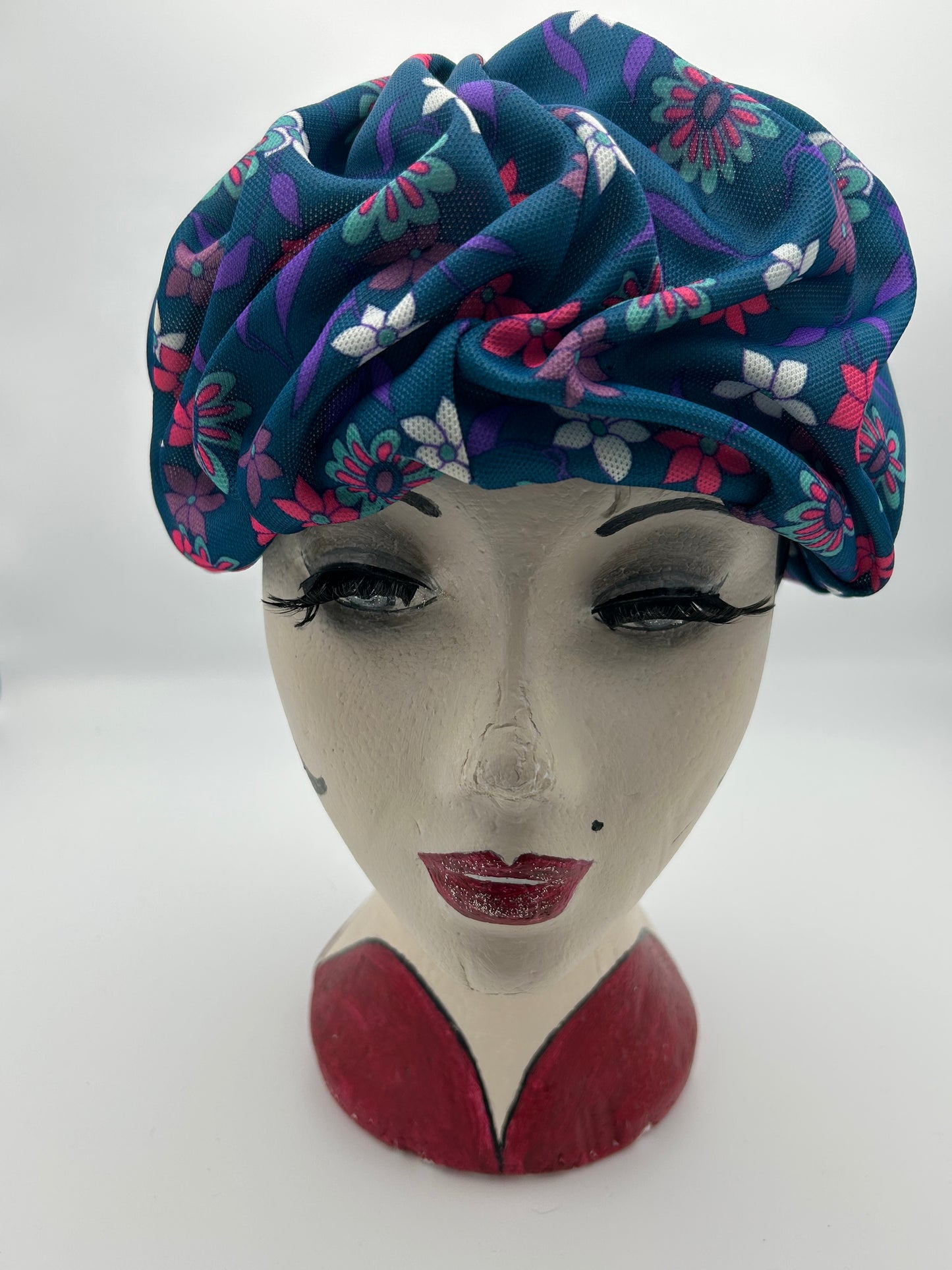 Vintage 1960s Petrol Blue Pink & Purple Floral Print Pleated Turban Style Pill Box Hat