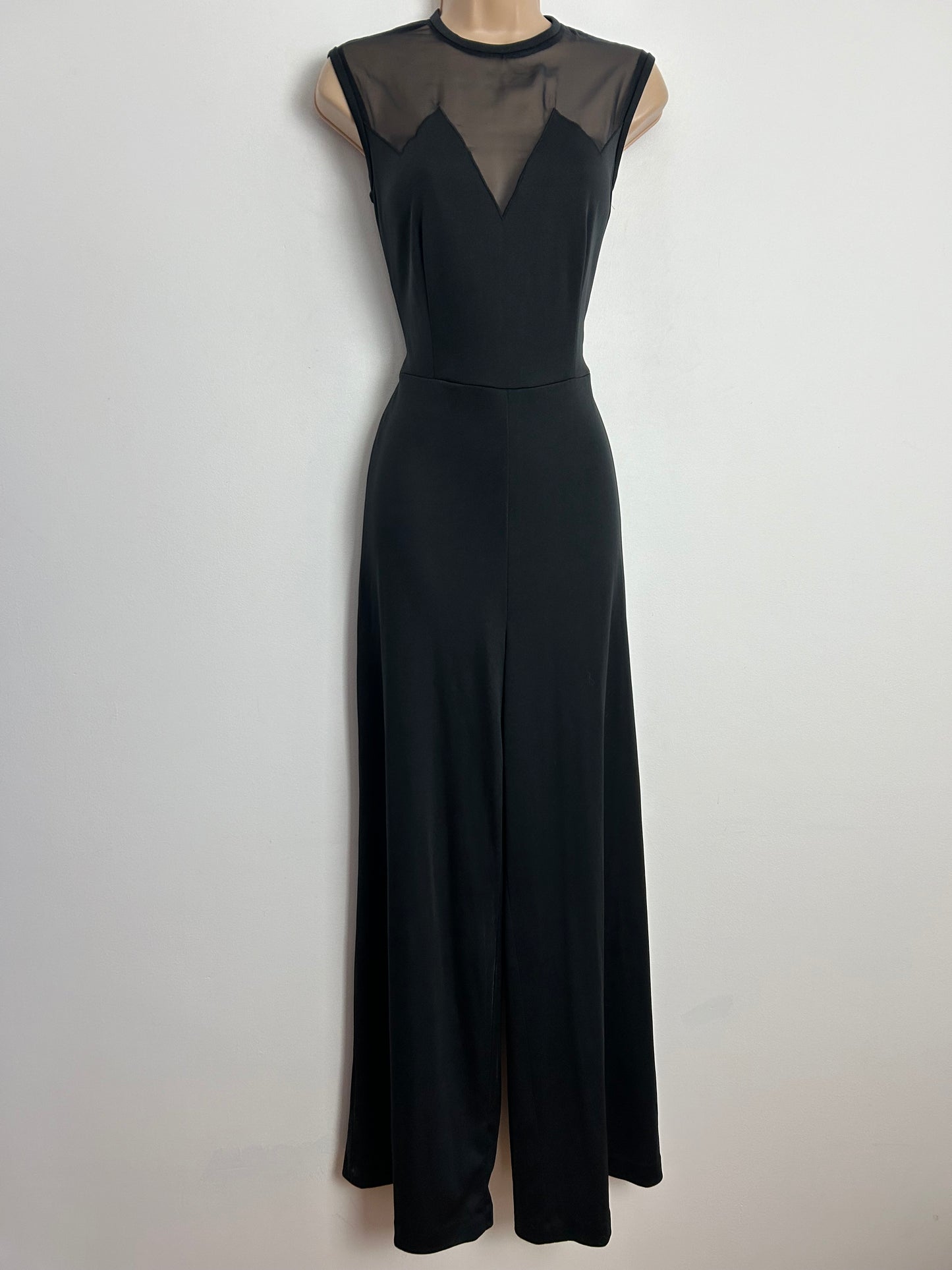 Vintage 1970s MISS DEVONSHIRE UK Size 8 Black Chiffon Panel Sleeveless Wide Leg Jumpsuit