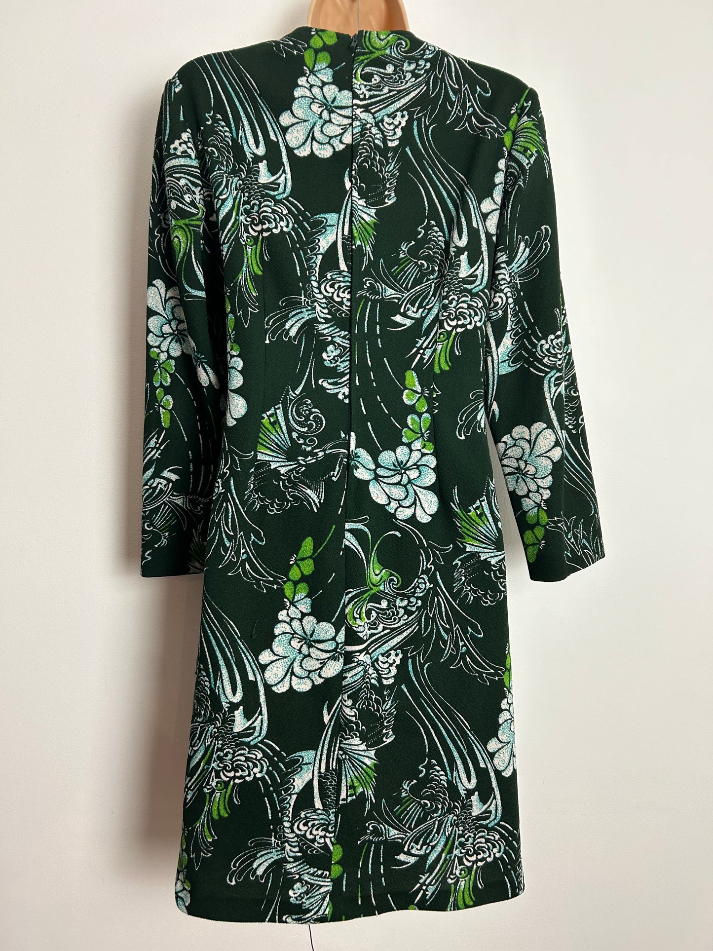 Vintage 1960s UK Size 12 Dark Green Floral Print Long Sleeve Poly Jersey Mod Shift Dress