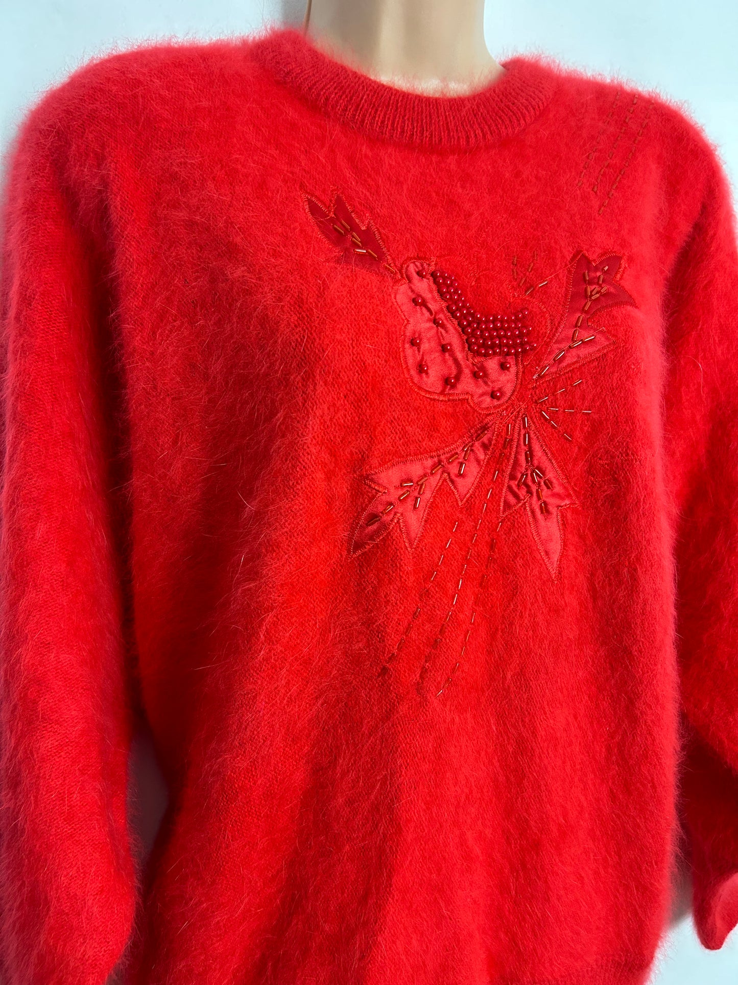 Vintage 1980s Size Large Super Soft Red Fluffy Angora Mix Applique & Bead Mix Jumper