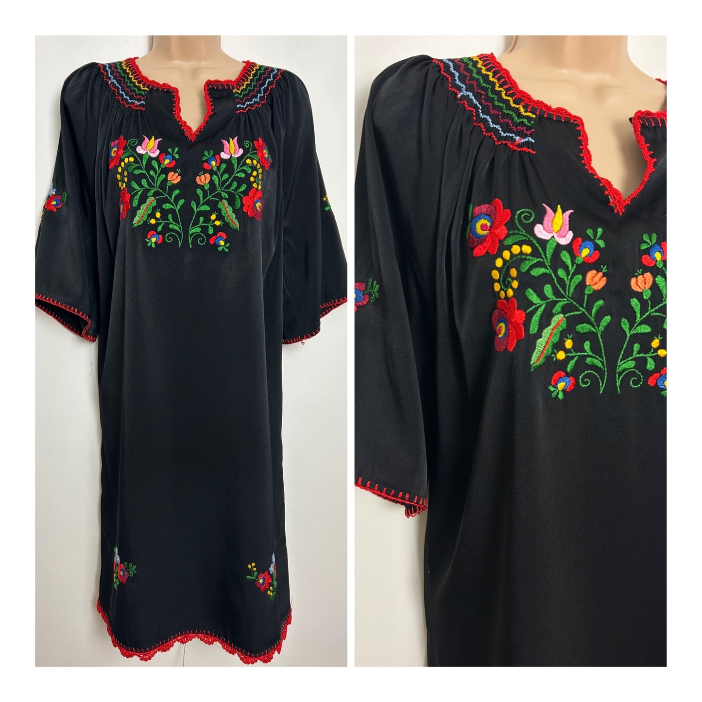 Vintage MEXICAN Up To Size 12/14 Black Embroidered Floral Detail Notch Neck Kaftan Dress