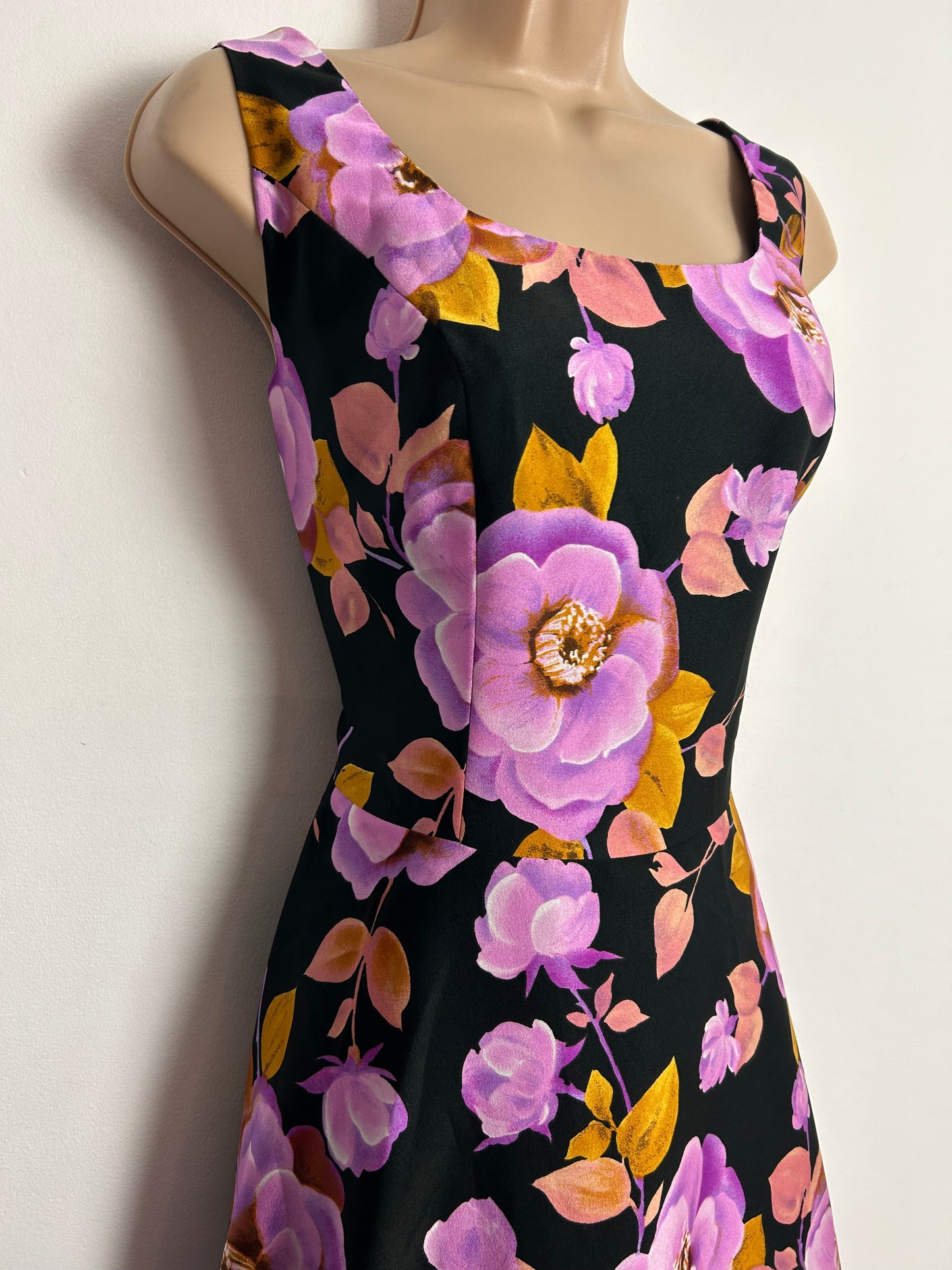 Vintage 1970s CH MODELL UK Size 10 Black Pink & Orange Floral Print Sleeveless Boho Maxi Dress