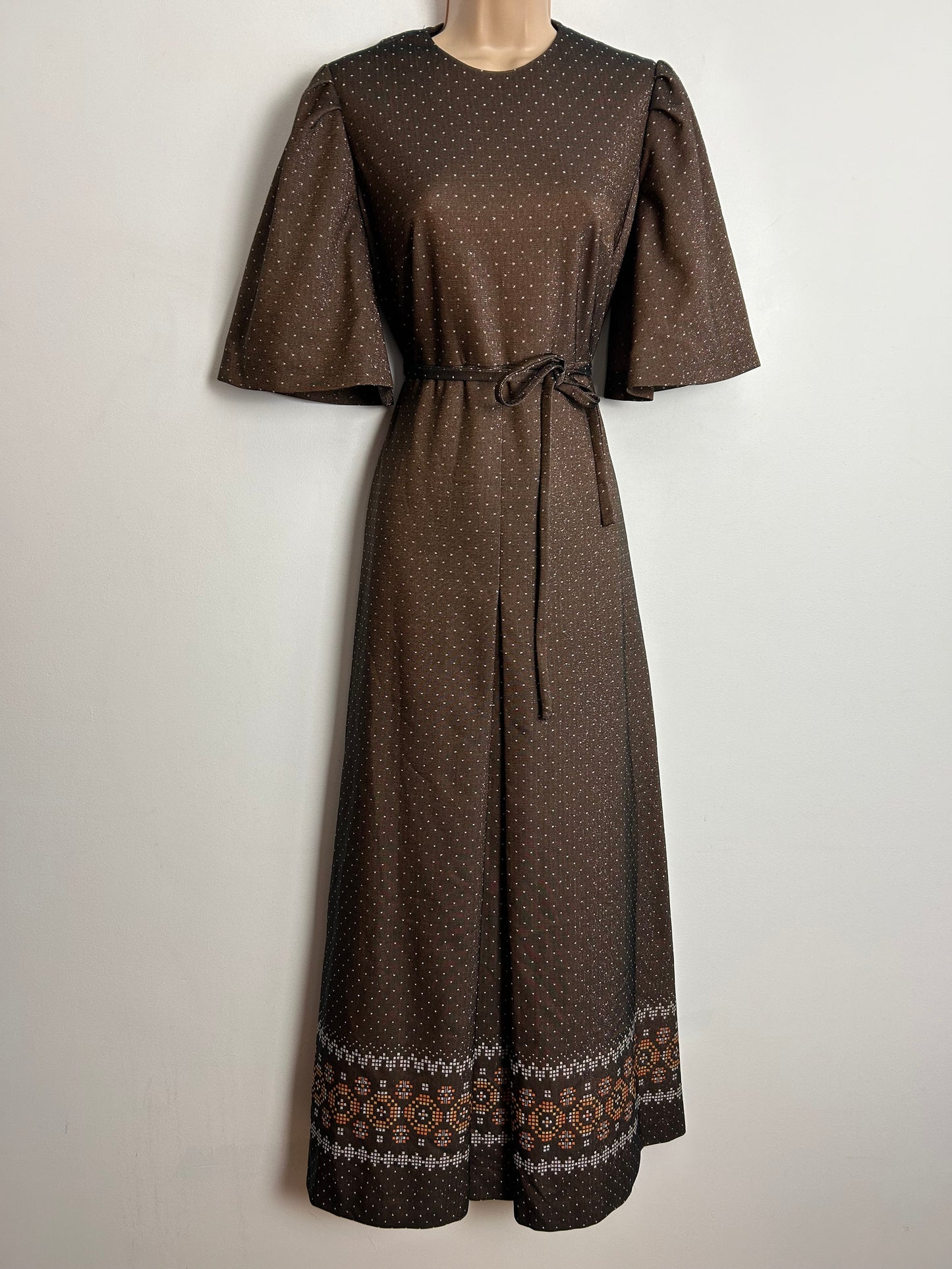 Vintage 1970s RICHARD BAKER UK Size 8 Brown & Silver & Polka Dot & Geo Pattern Lurex Maxi Dress