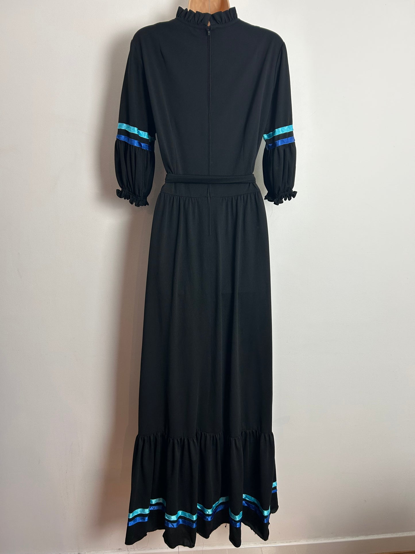 Vintage 1970s UK Size 14 Black Ribbon Trim Short Sleeve Belted Boho Prairie Maxi Dress