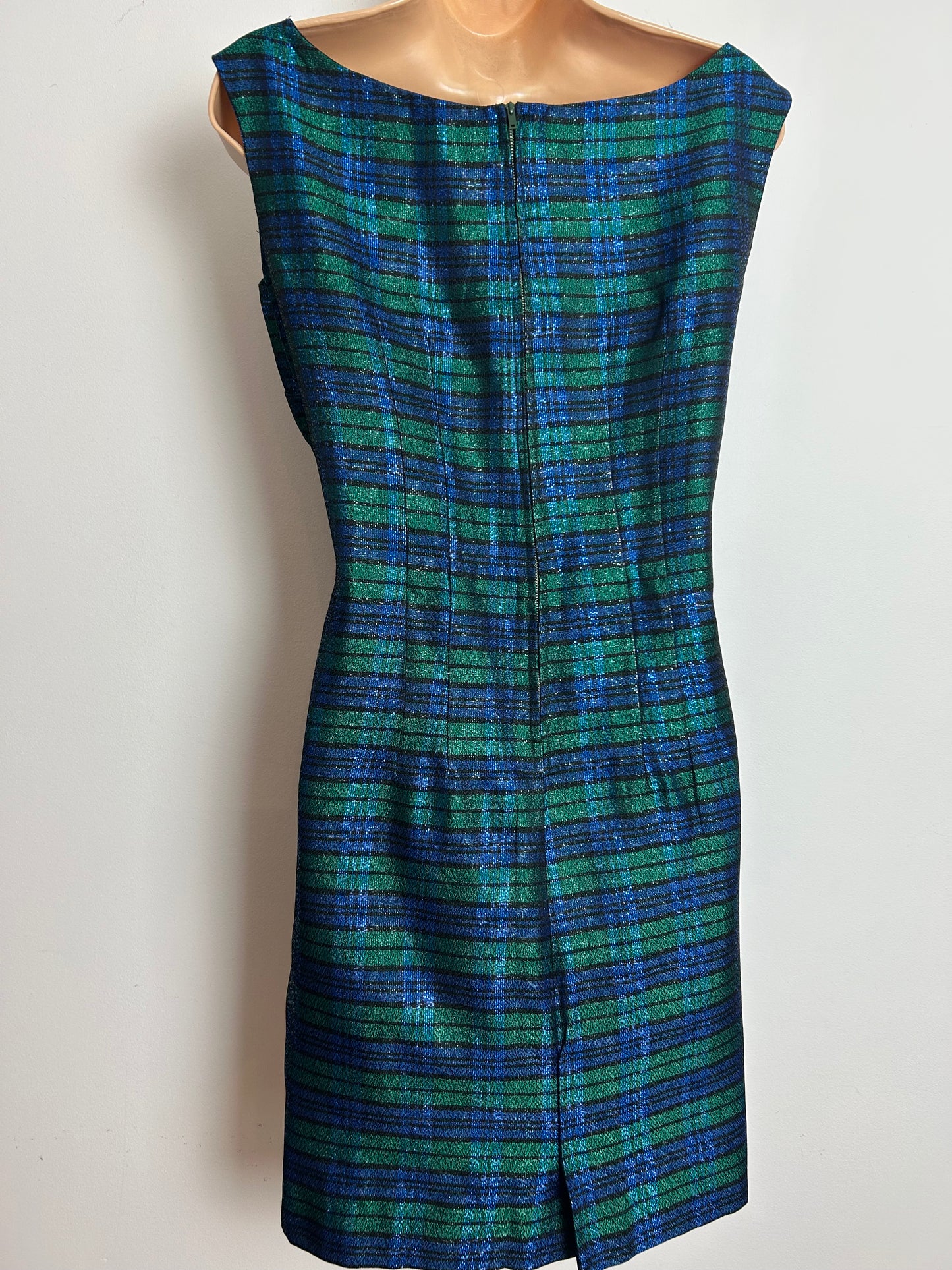 Vintage 1960s Size 12 Blue & Green Lurex Tartan Check Sleeveless Wiggle Party Dress