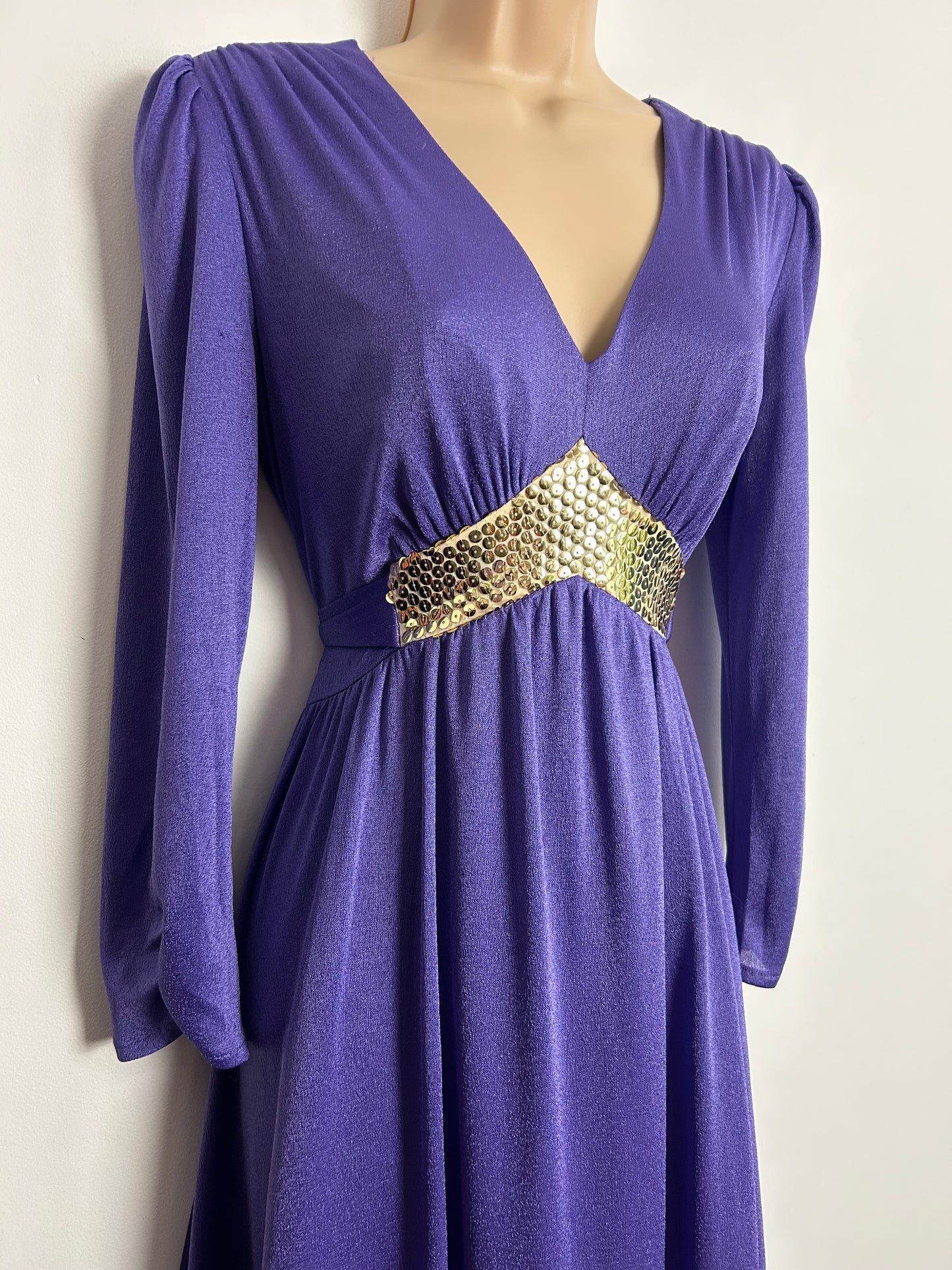 Vintage 1970s UK Size 8-10 Purple & Gold Sequin Trim Long Sleeve Tie Back Evening Maxi Dress