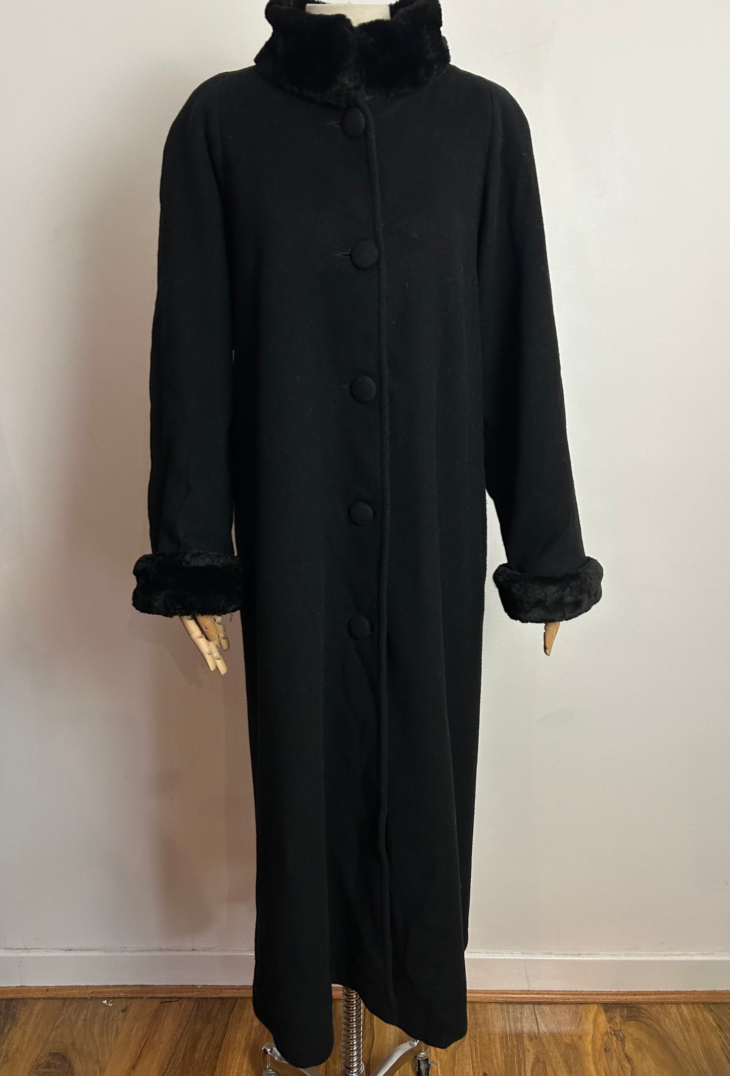 Vintage 1980s ALBERT NIPON UK Size 14-16 Black 100% Wool Faux Fur Trim Longer Length Coat