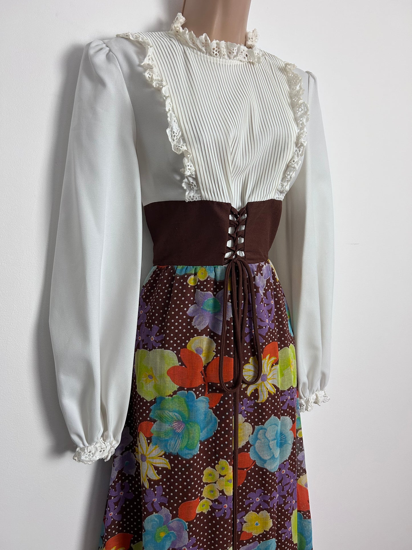 Vintage 1970s UK Size 8-10 White Brown Orange Purple Green Floral Polka Dot Prairie Maxi Dress