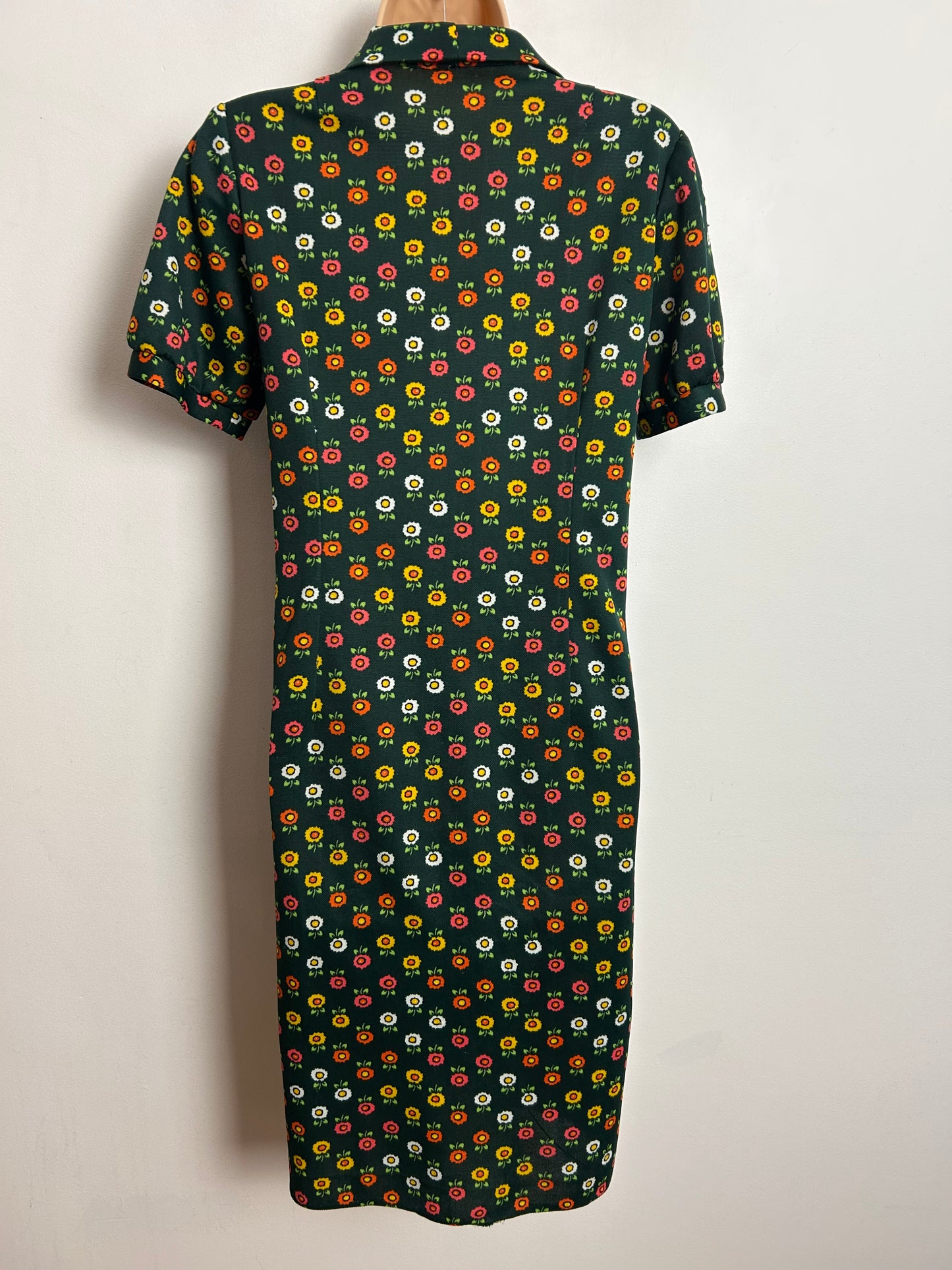 Vintage 1970s UK Size 12-14 Dark Green Orange Yellow & White Floral Print Short Sleeve Mod Dress