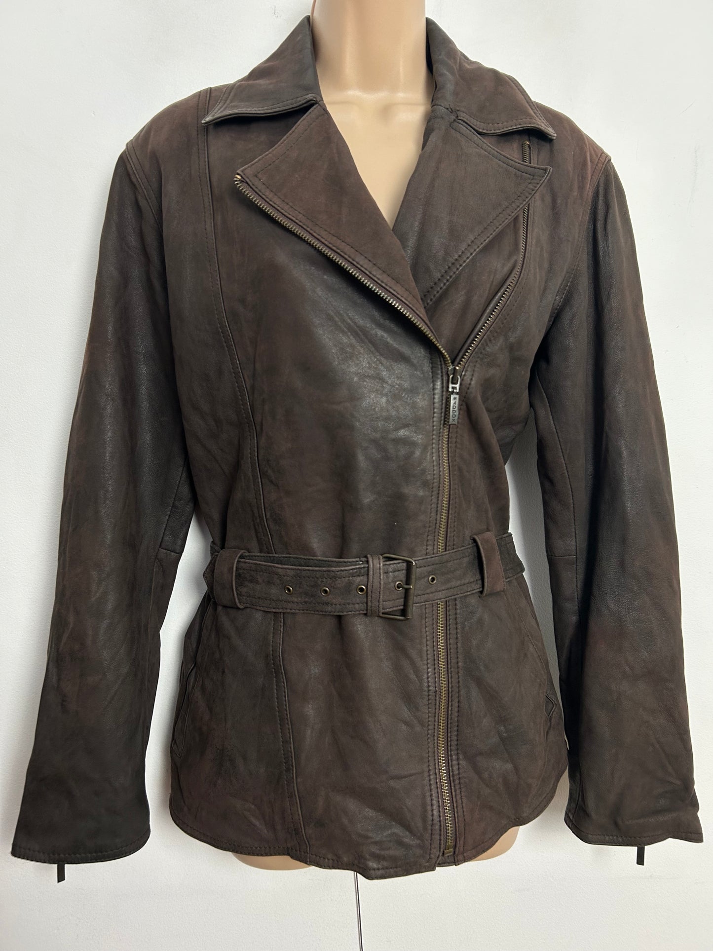 Vintage 1980s MADDOX Approx UK Size 12-14 Brown Zip Fronted Belted Leather Jacket