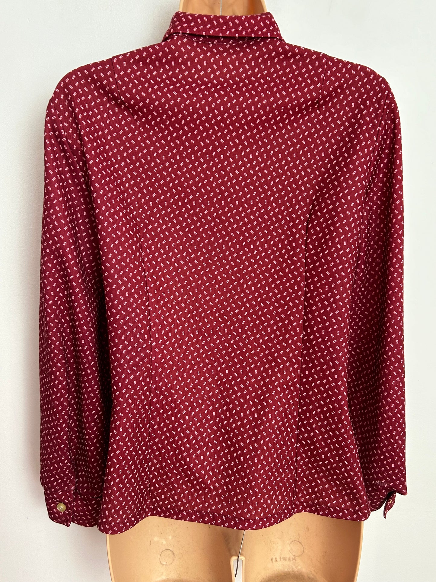 Vintage 1970s UK Size 12 Dark Red Geometric Print Long Sleeve Shirt