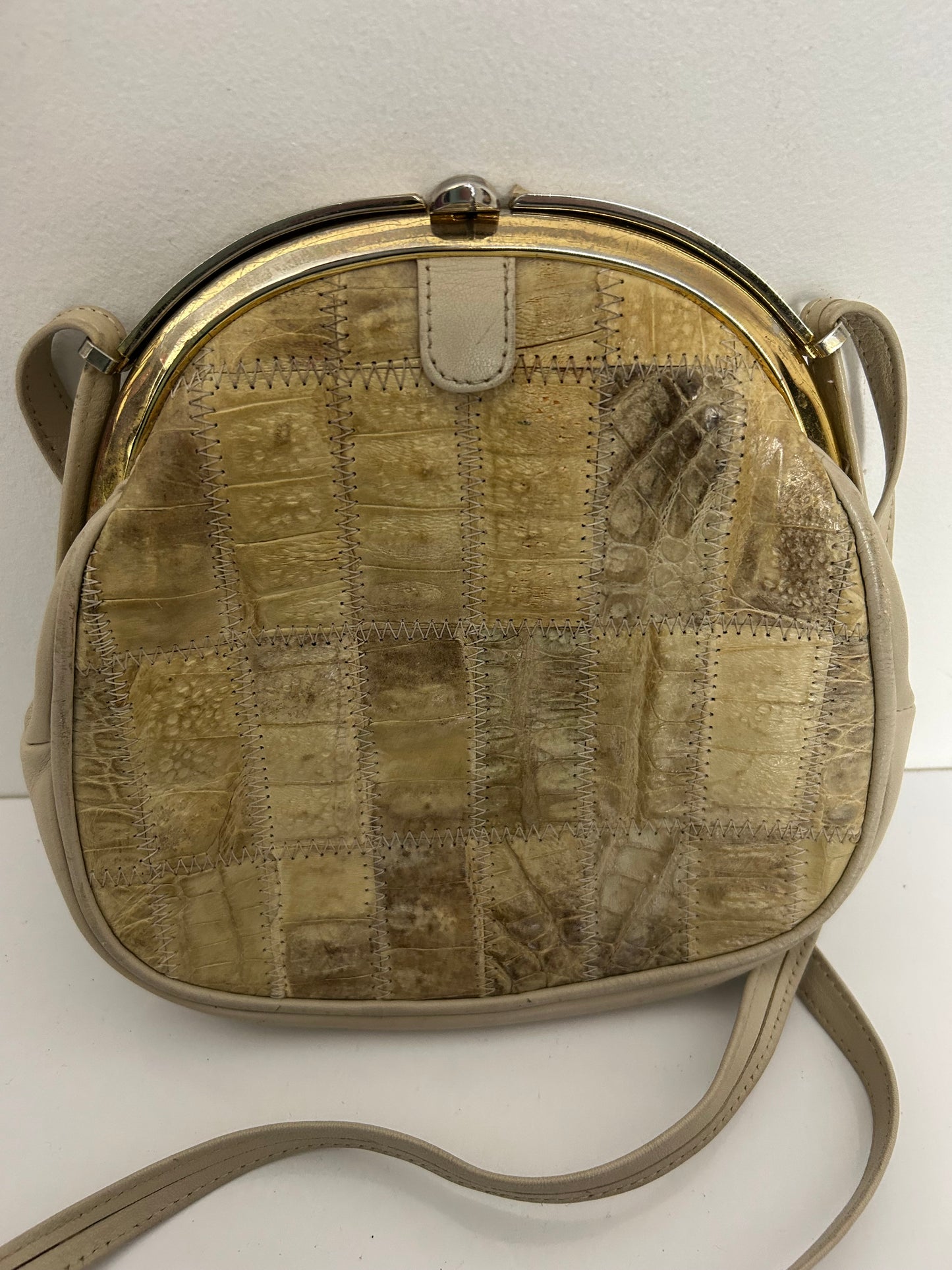 Vintage Late 1970s IRV Crocodile Beige Cream Patchwork Shoulder Or Crossbody Handbag