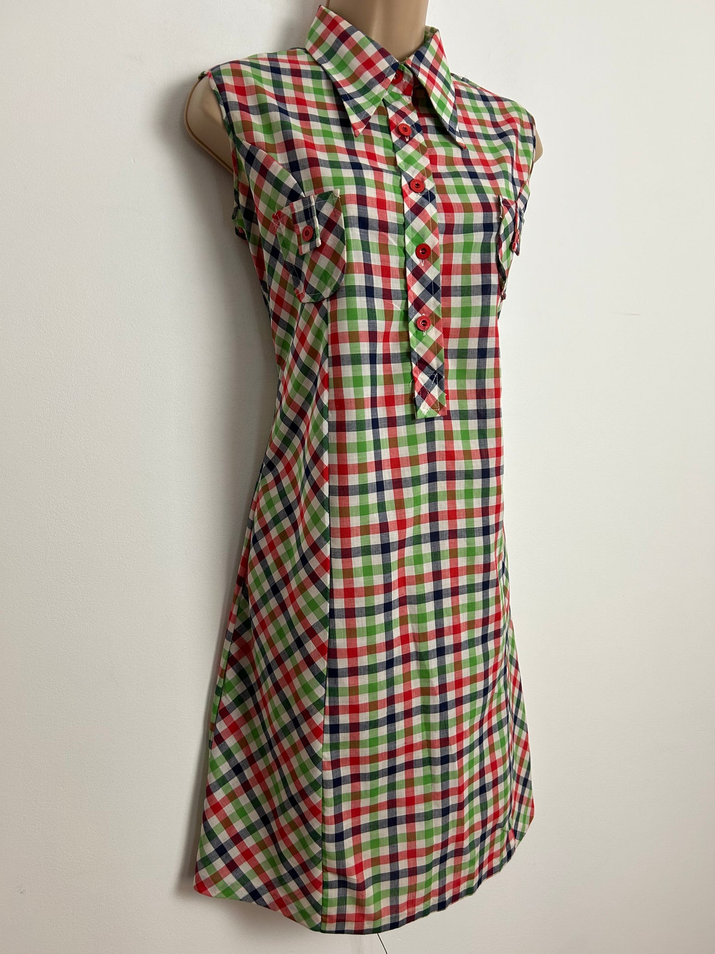 Vintage 1970s Size 12 White Green Red & Blue Check Print Cotton Mix Sleeveless Mod Shift Dress