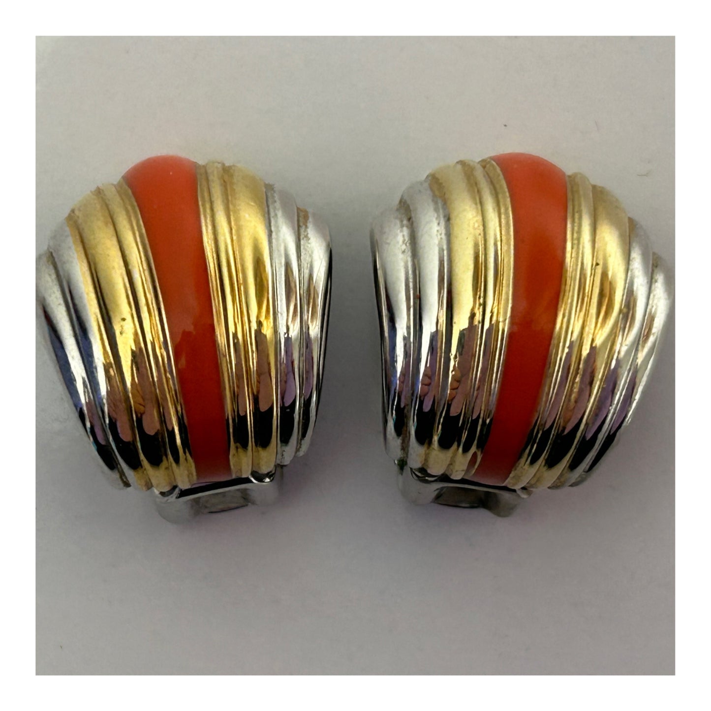 Vintage 1980s Silver & Gold Tones & Coral Enamel Art Dec Style Clip On Earrings