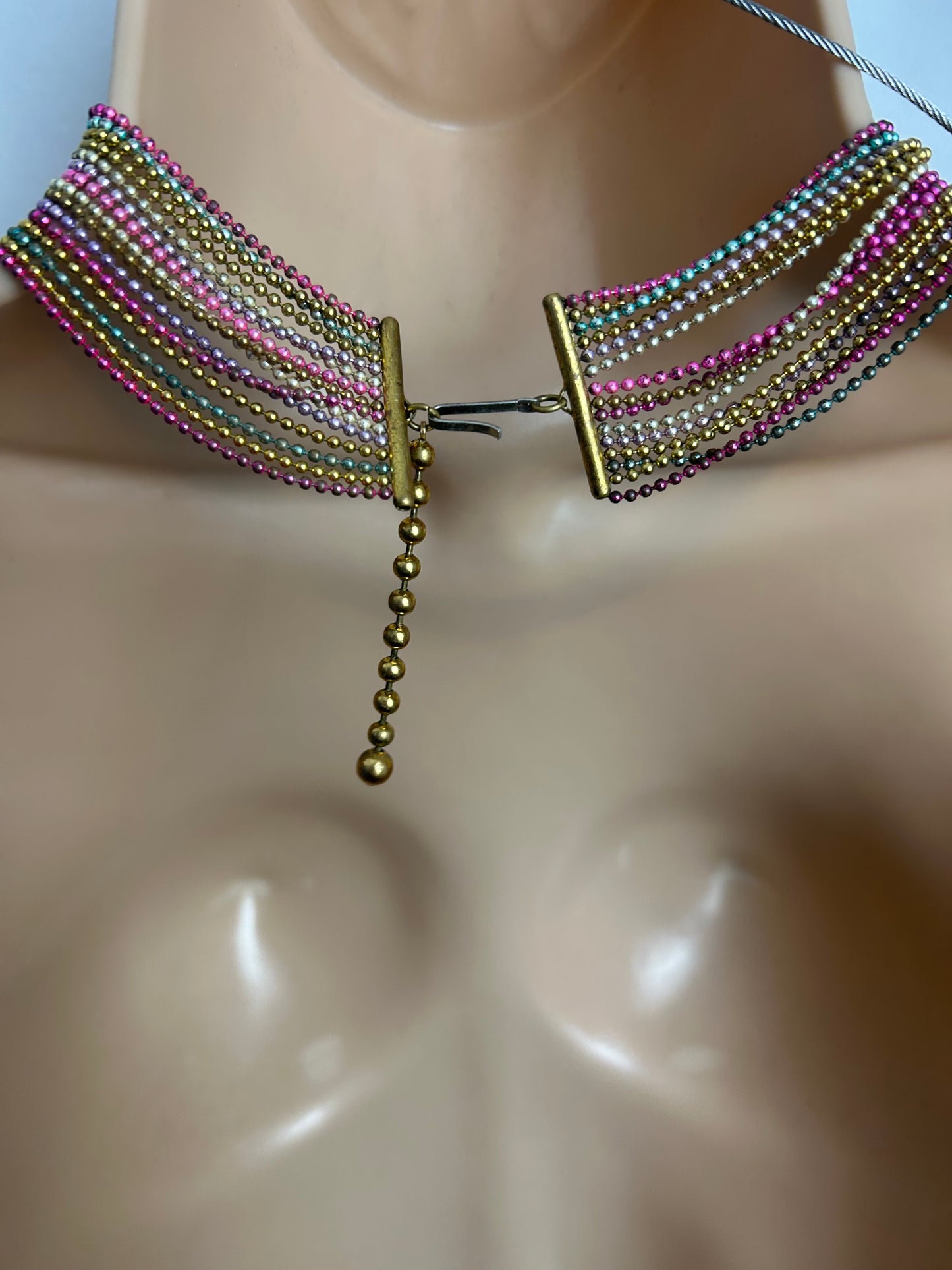 Vintage 1960s Gorgeous Multistrand Pink Blue Silver & Gold Microbead Necklace