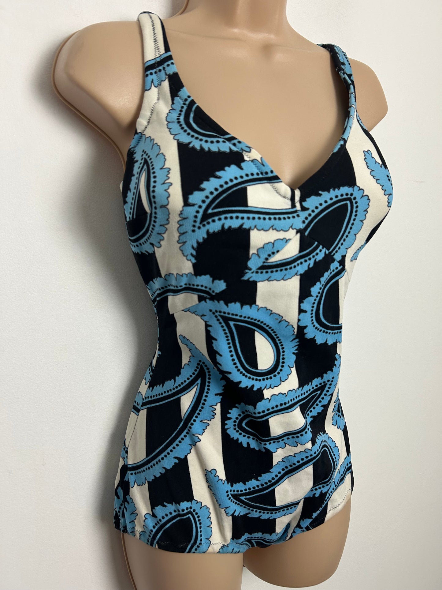 Vintage 1960s TRIOLA Size 16 Black White & Blue Stripe & Paisley Print Moulded Cup Swimsuit