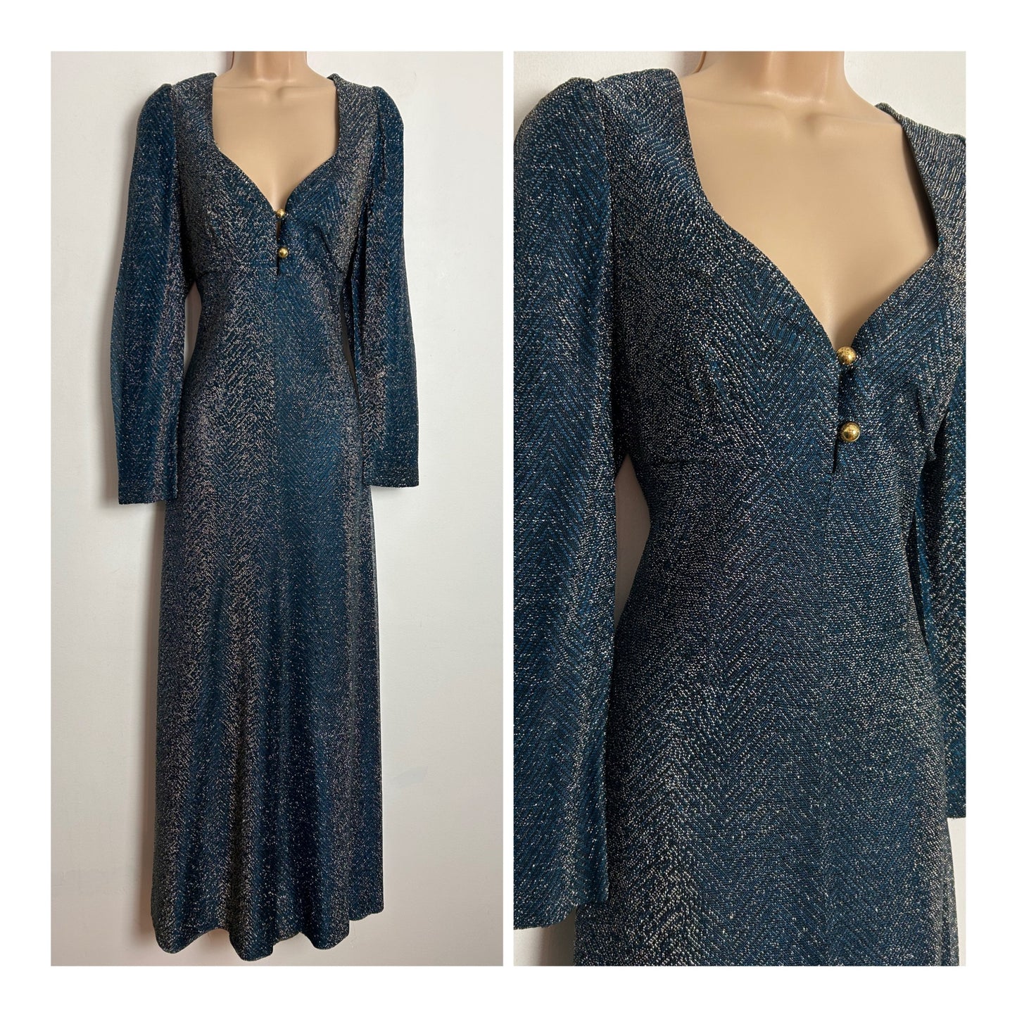Vintage 1970s UK Size 12-14 Teal Black & Silver Lurex Long Sleeve Plunge Neck Occasion Maxi Dress