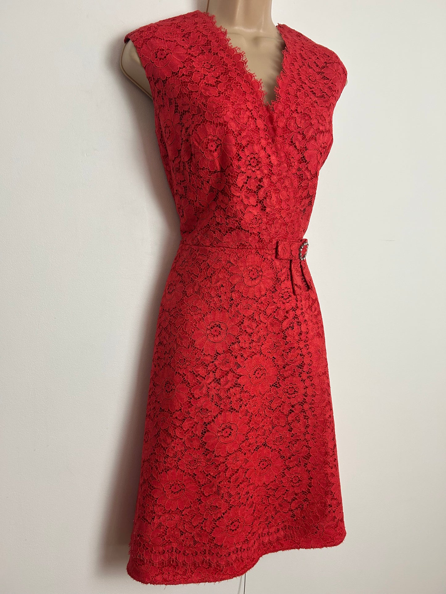 Vintage 1960s DUCHESSE MODELL Size 10 Burnt Orange Guipure Lace Mock Wrap Bow Detail Mod Occasion Dress