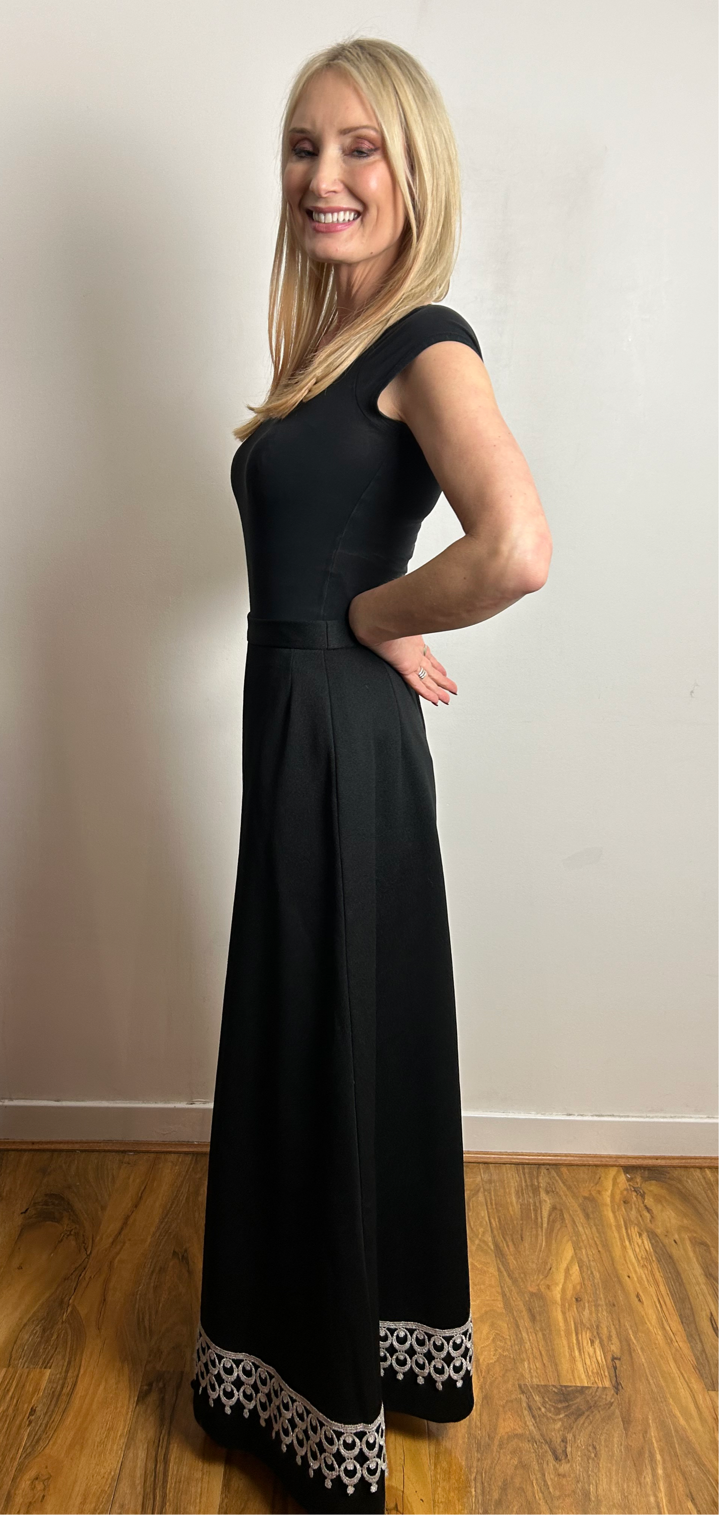 Vintage 1970s UK Size 8 Black & Silver Braid Trim Evening Maxi Skirt